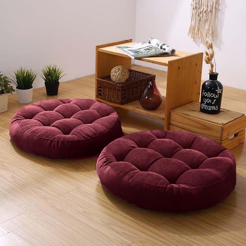 Meditation Floor Pillow Set of 2 Large Round Floor Cushions for Adults Tufted Corduroy Floor Seat Pillows Cushion for Living Room Tatami Yoga,Wine Red 22" L x 22" W x 5" H
