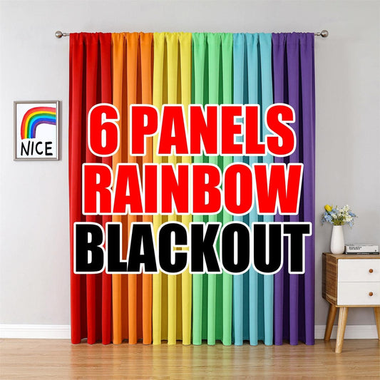 THOOO 6 Panel Blackout Rainbow Curtains for Bedroom & Living Room - 84 Inch Long, Darkening Rod Pocket Curtains with Colorful Drapes in Red, Orange, Yellow, Green, Blue, Purple