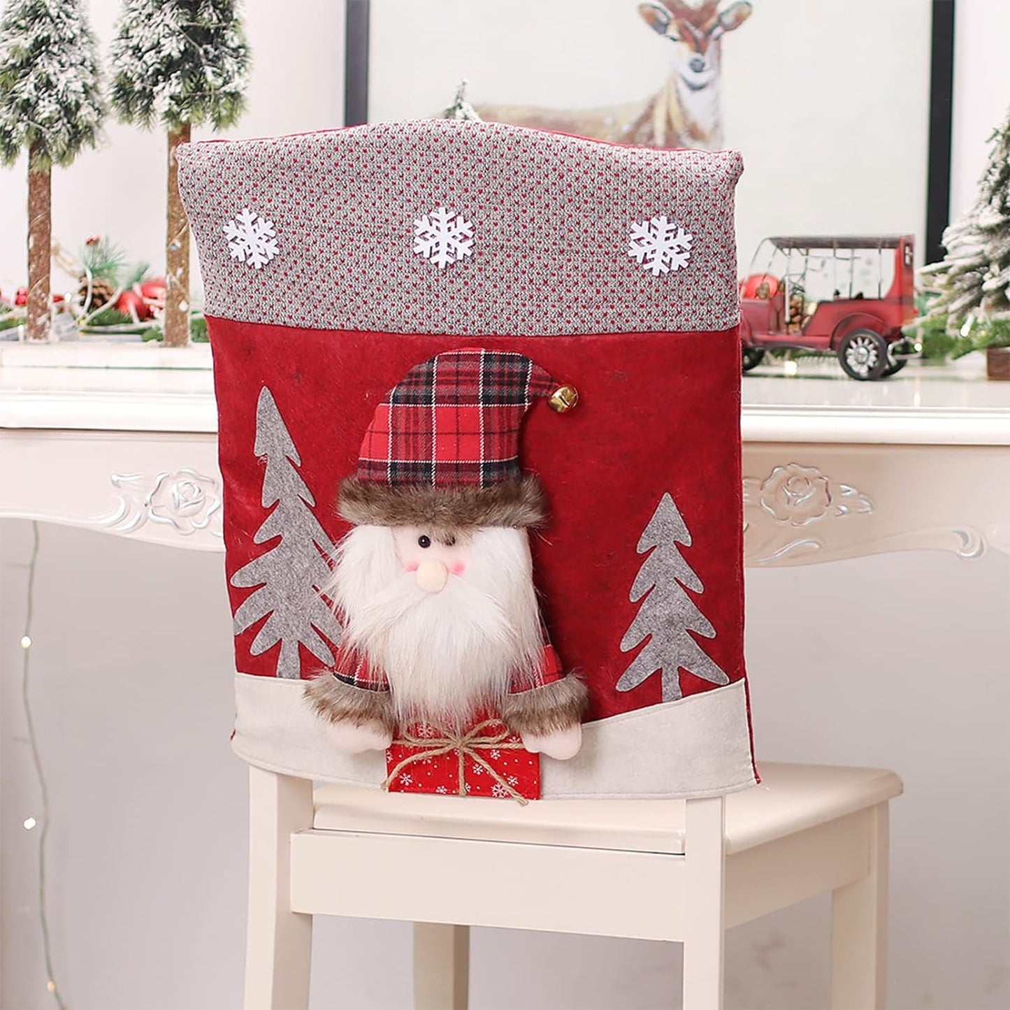 Christmas Chair Back Covers Set of 6, 3D Cute Santa Claus Snowman Reindeer Xmas Dinner Chair Covers Christmas Dining Chair Slipcovers for Home Kitchen Holiday Festive Party Decorations