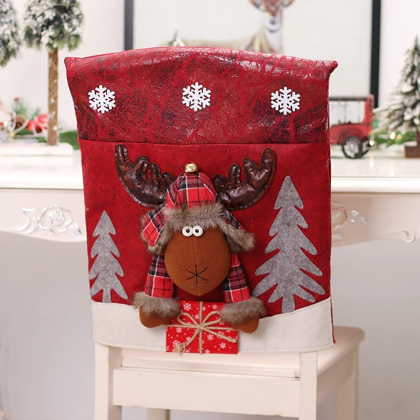 Christmas Chair Back Covers Set of 6, 3D Cute Santa Claus Snowman Reindeer Xmas Dinner Chair Covers Christmas Dining Chair Slipcovers for Home Kitchen Holiday Festive Party Decorations
