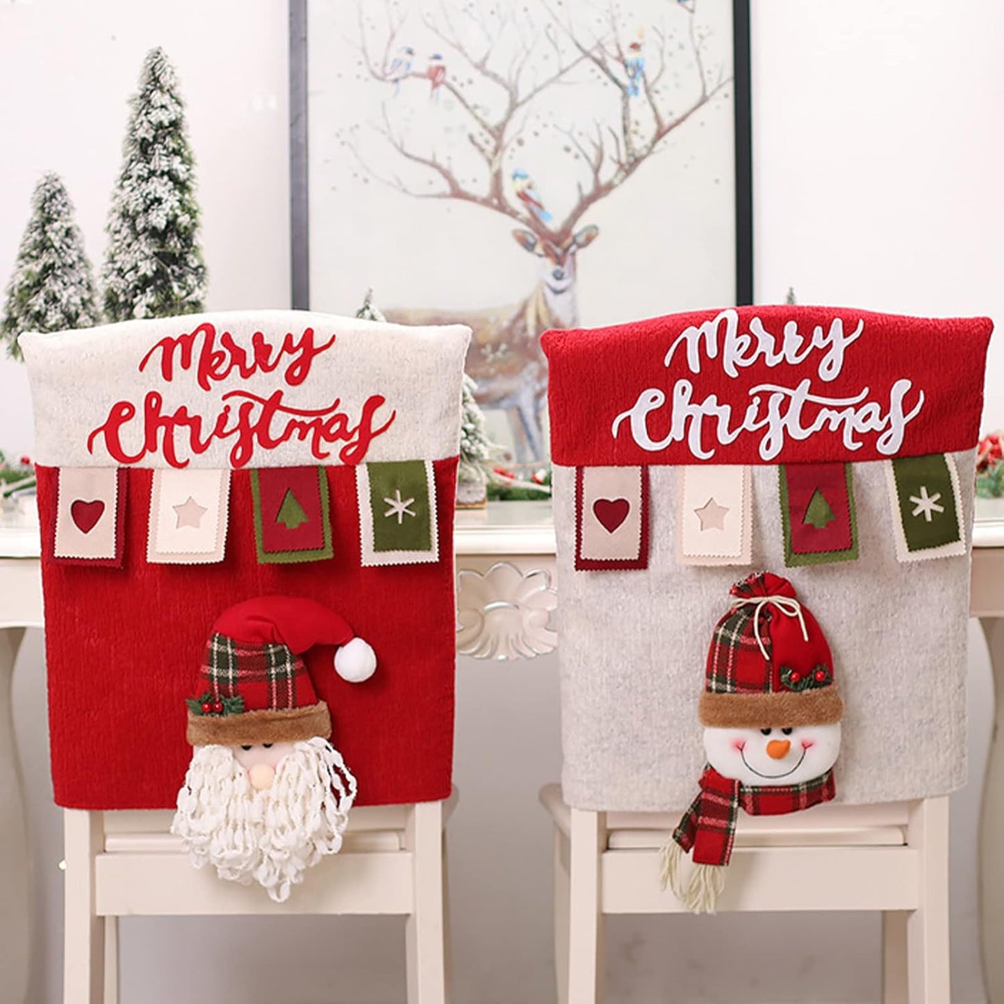 Christmas Chair Back Covers Set of 6, 3D Cute Santa Claus Snowman Reindeer Xmas Dinner Chair Covers, Christmas Chair Slipcovers for Dining Room Holiday Party Decor
