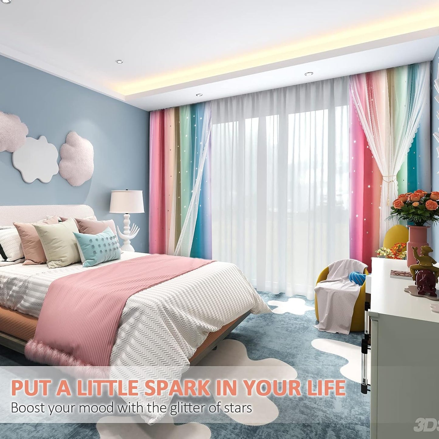 Stiio Kids Blackout Curtains 2 Panels, Star Cutout Ombre Stripe Rainbow Curtains Light Blocking Window Treatment for Girls Bedroom Home Decor, W52 x L63 inches