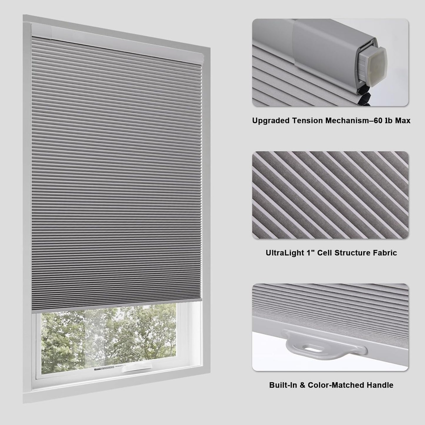 No Drill Cellular Shades for Indoor Windows, Thermal Insulating & Noise Reducing Honeycomb Blinds, Free Stop Cordless Blackout Shades, Grey, 22" W x 64" H
