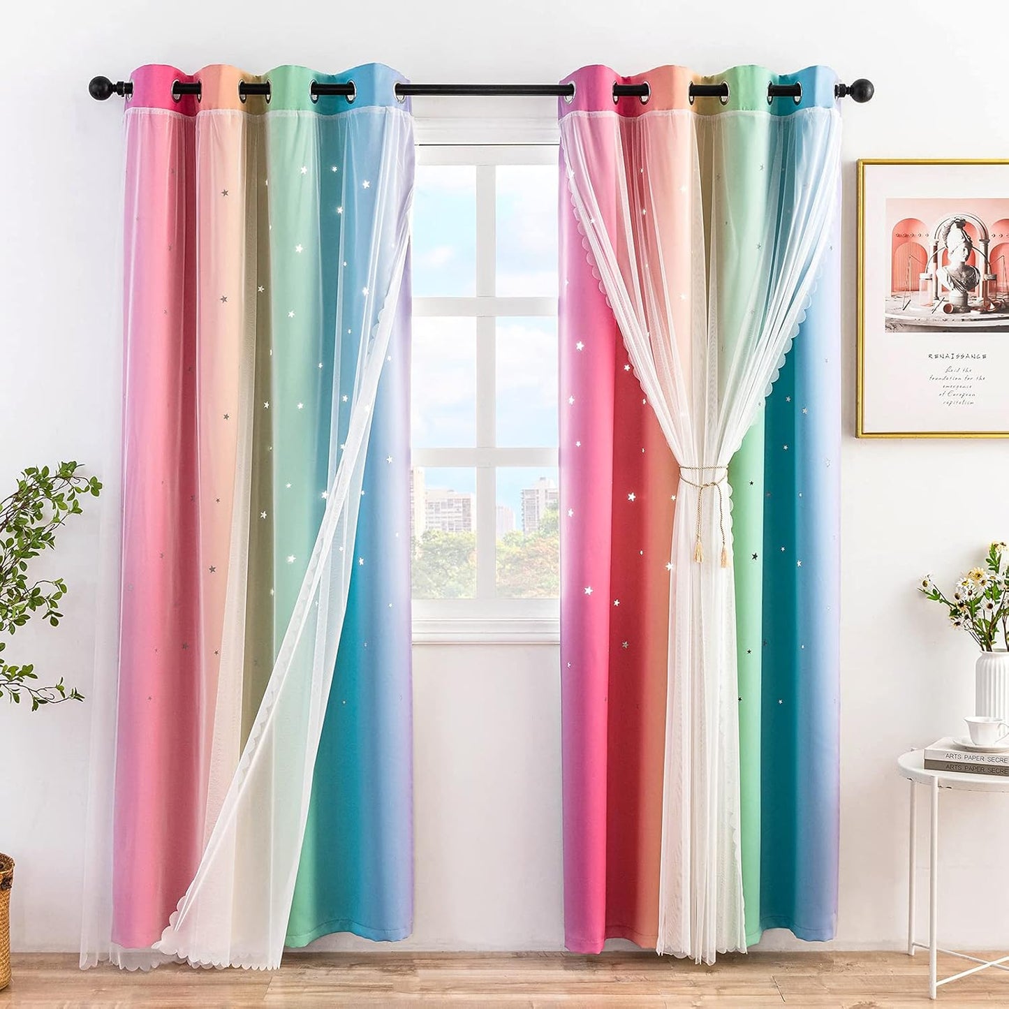 Stiio Kids Blackout Curtains 2 Panels, Star Cutout Ombre Stripe Rainbow Curtains Light Blocking Window Treatment for Girls Bedroom Home Decor, W52 x L63 inches
