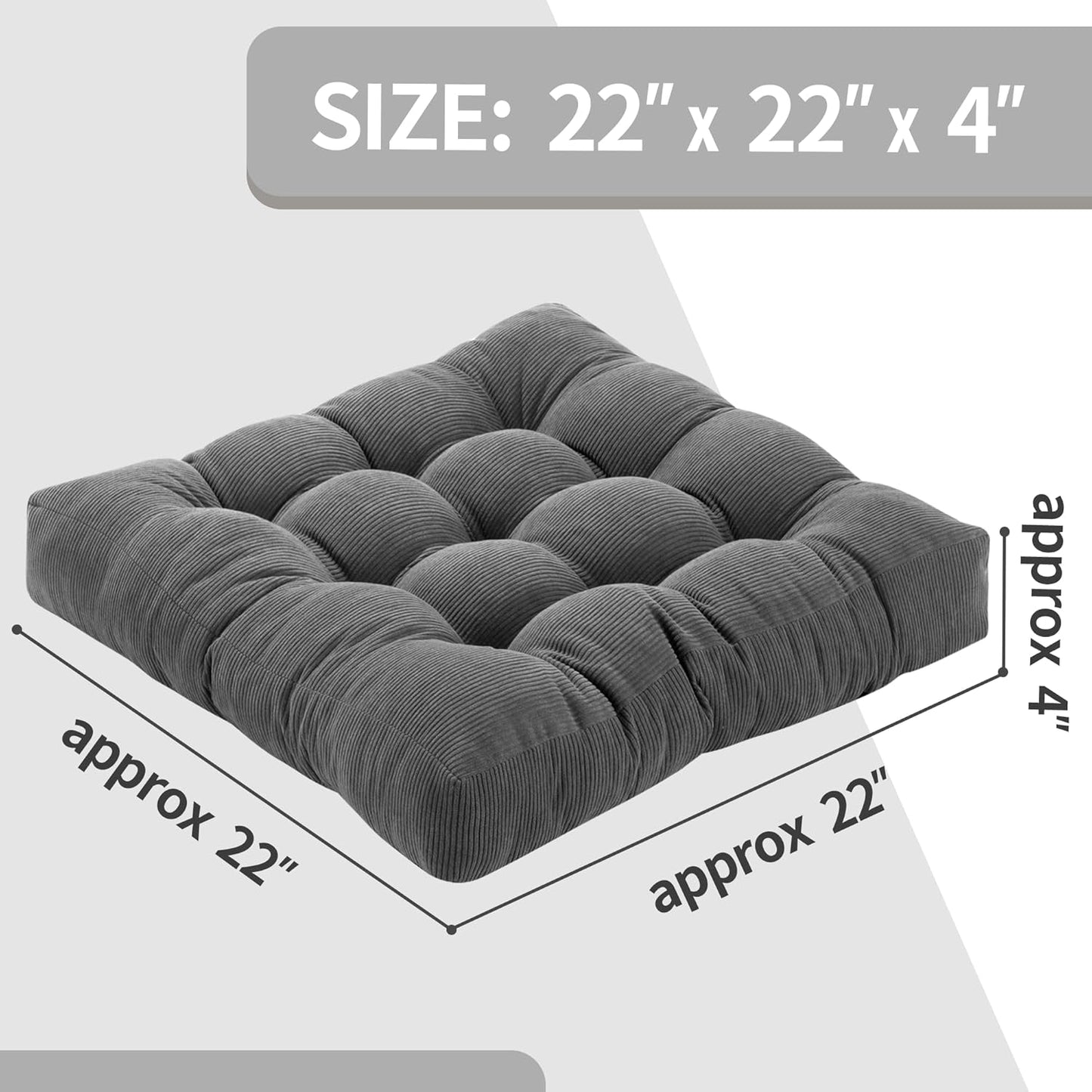 Floor Pillow Cushions for Adults Sitting Large Big Pillows for Floor Seating Square Memory Foam Thick Tufted, 22 x 22 Inch, Set of 2, Dark Grey