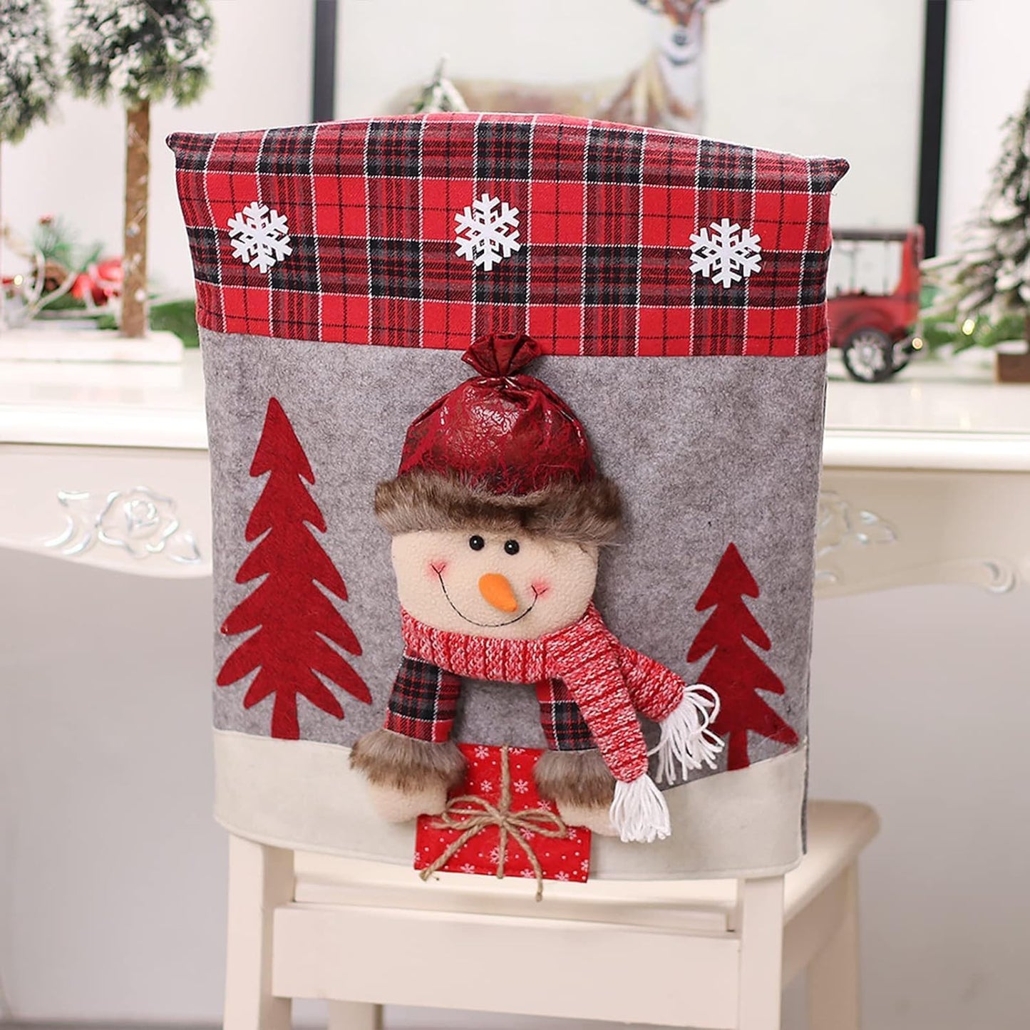 Christmas Chair Back Covers Set of 6, 3D Cute Santa Claus Snowman Reindeer Xmas Dinner Chair Covers Christmas Dining Chair Slipcovers for Home Kitchen Holiday Festive Party Decorations