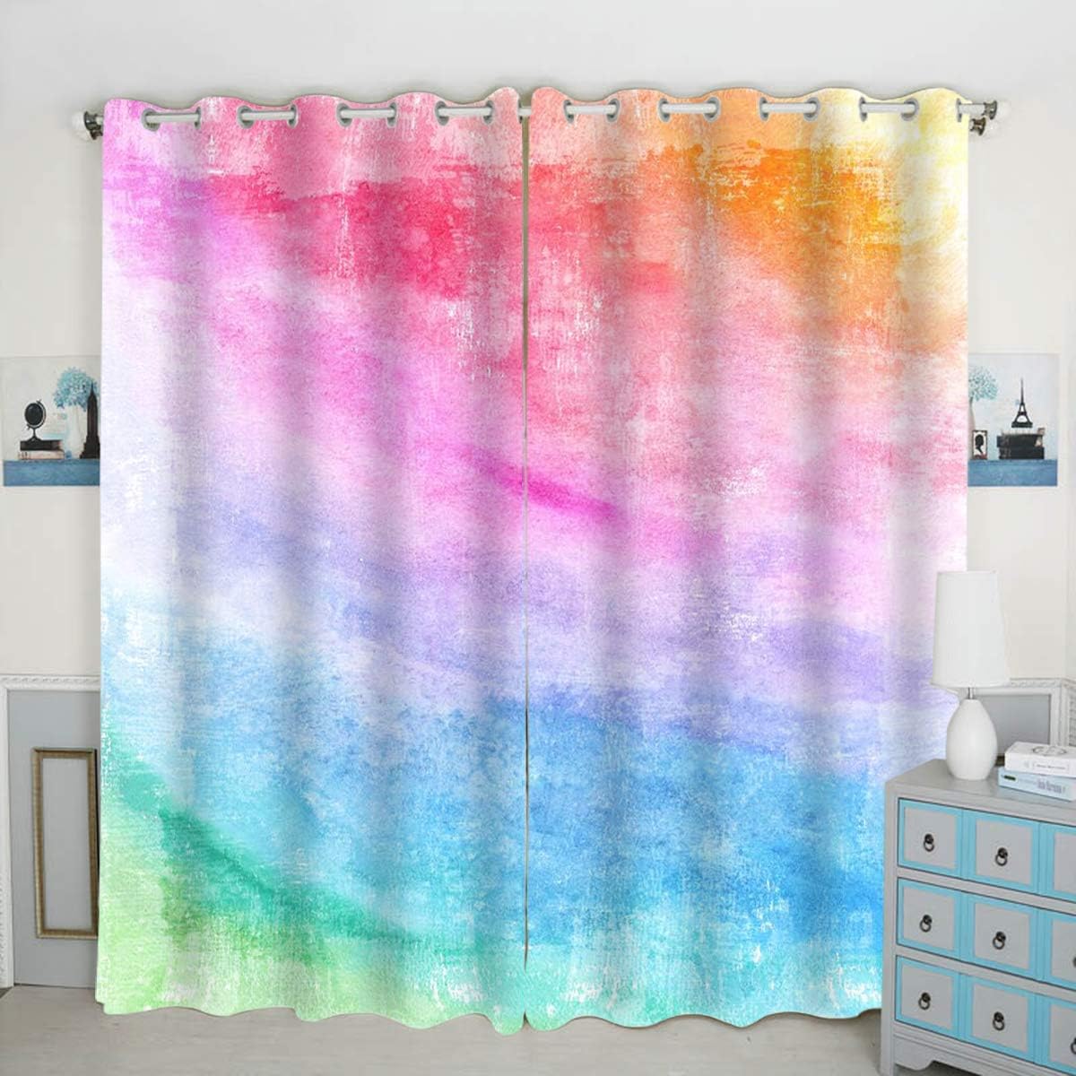 QH Watercolor Rainbow Palette Window Curtain Panels Blackout Curtain Panels Thermal Insulated & Light Blocking 42W x 84L inch (Set of 2 Panels)