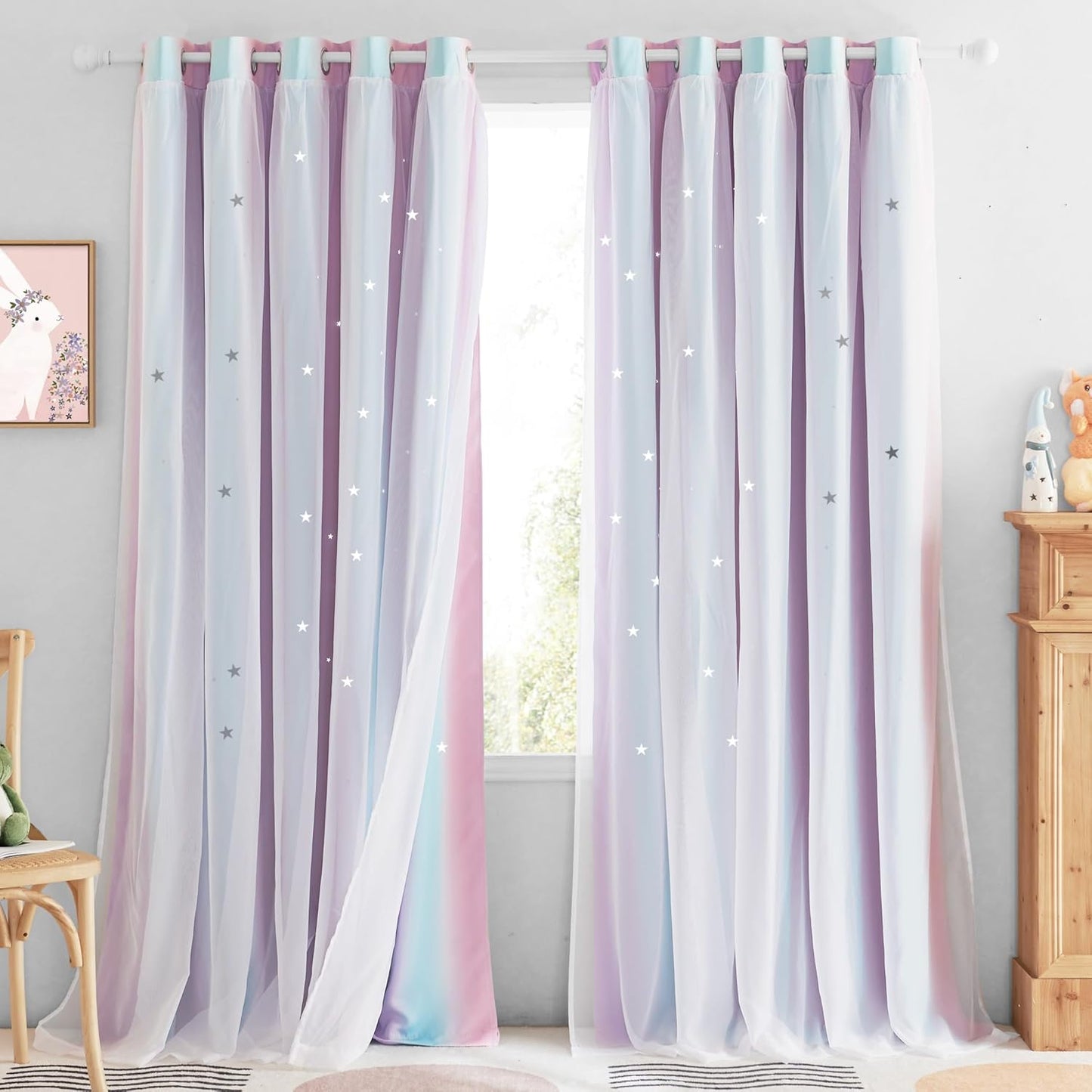 NICETOWN Rainbow Star Curtains for Girls Bedroom, Double Layer Colorful Stripes Kids Blackout Curtains Plus White Sheer Livingroom Window Curtains for School Classroom (Rainbow, W52 x L84, Sold by 2)