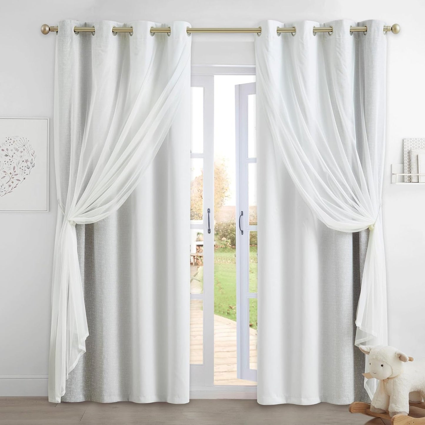 100% Blackout Curtains with Sheer Overlay Mix and Match Double Layer Drapes 84 Inch Long 2 Panels for Room Bedroom Ombre Rainbow Grommet Window Treatment with Tiebacks
