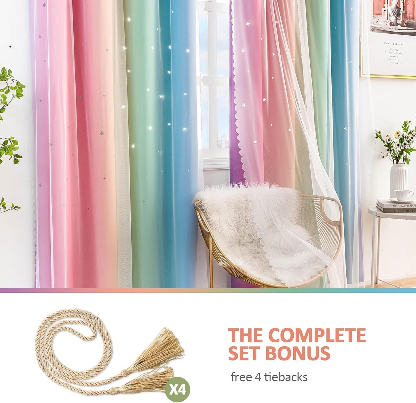 Stiio Kids Blackout Curtains 2 Panels, Star Cutout Ombre Stripe Rainbow Curtains Light Blocking Window Treatment for Girls Bedroom Home Decor, W52 x L63 inches