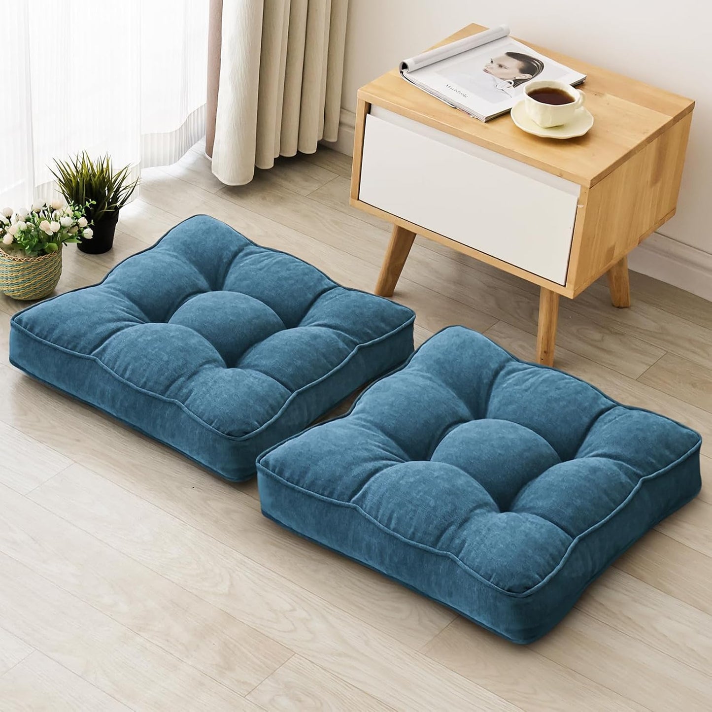 Floor Pillow Set of 2, Memory Foam Floor Cushions for Adults, Large Square Meditation Pillow for Sitting, 22 x 22 Inches (Square | Grey)