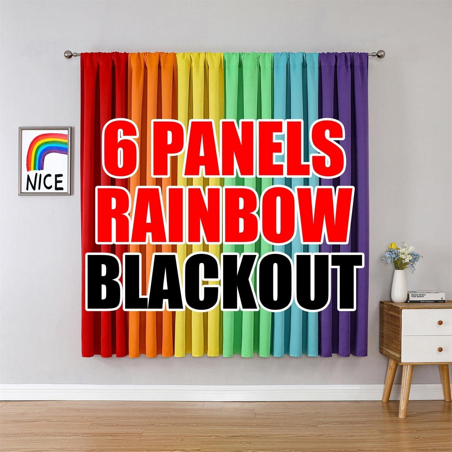 THOOO 6 Panel Blackout Rainbow Curtains for Bedroom & Living Room - 84 Inch Long, Darkening Rod Pocket Curtains with Colorful Drapes in Red, Orange, Yellow, Green, Blue, Purple
