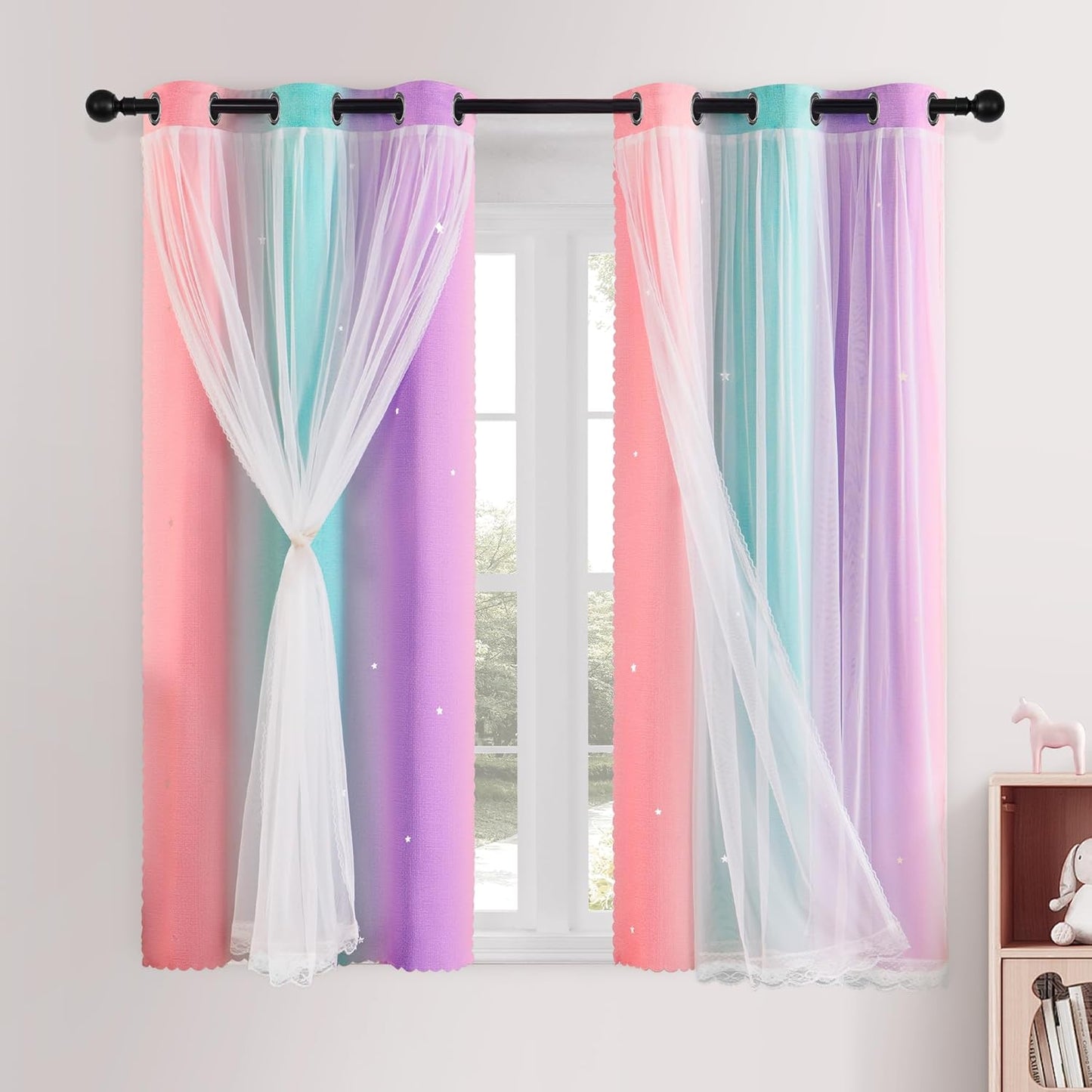 XiDi Pink and Purple Curtains 84 Inches Long for Girls Bedroom 2 Panels Blackout Rainbow Nursery Curtains for Kids Room Unicorn Princess Theme Home Decor Living Room Pink/Purple W52 X L84