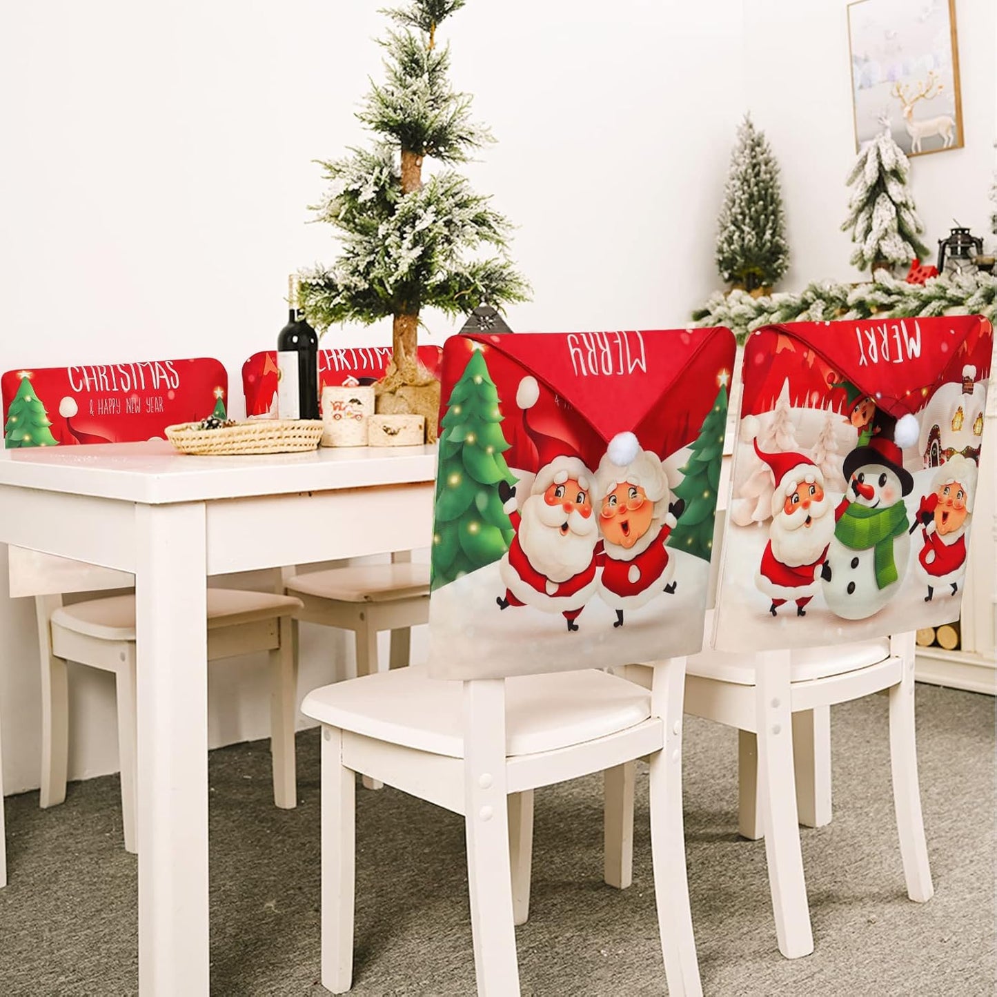 Christmas Chair Covers Set of 4 Merry Christmas Dining Room Chair Back Covers Santa Claus Snowman Xmas Chair Protector Slipcovers for Christmas Holiday Home Kitchen Decor