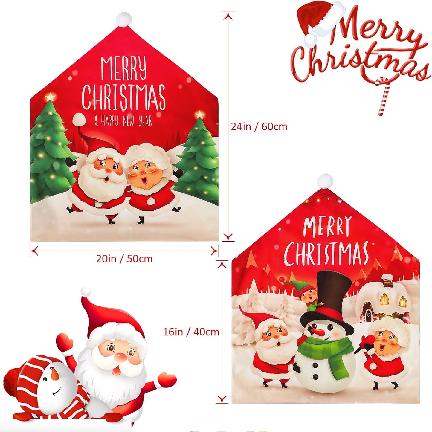 Christmas Chair Covers Set of 4 Merry Christmas Dining Room Chair Back Covers Santa Claus Snowman Xmas Chair Protector Slipcovers for Christmas Holiday Home Kitchen Decor