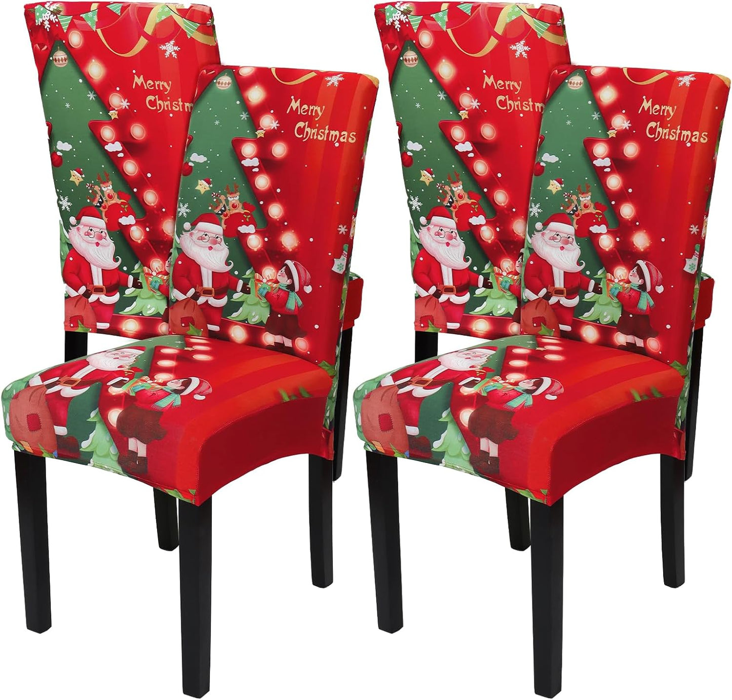 Christmas Chair Covers Set of 4 Merry Christmas Dining Room Chair Back Covers Santa Claus Snowman Xmas Chair Protector Slipcovers for Christmas Holiday Home Kitchen Decor