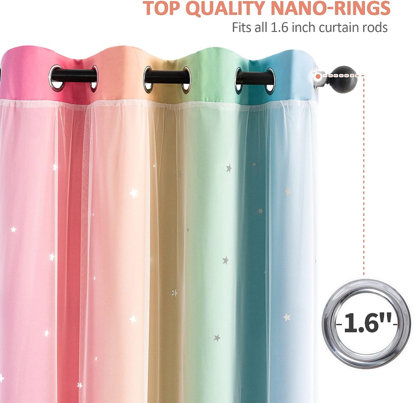 Stiio Kids Blackout Curtains 2 Panels, Star Cutout Ombre Stripe Rainbow Curtains Light Blocking Window Treatment for Girls Bedroom Home Decor, W52 x L63 inches