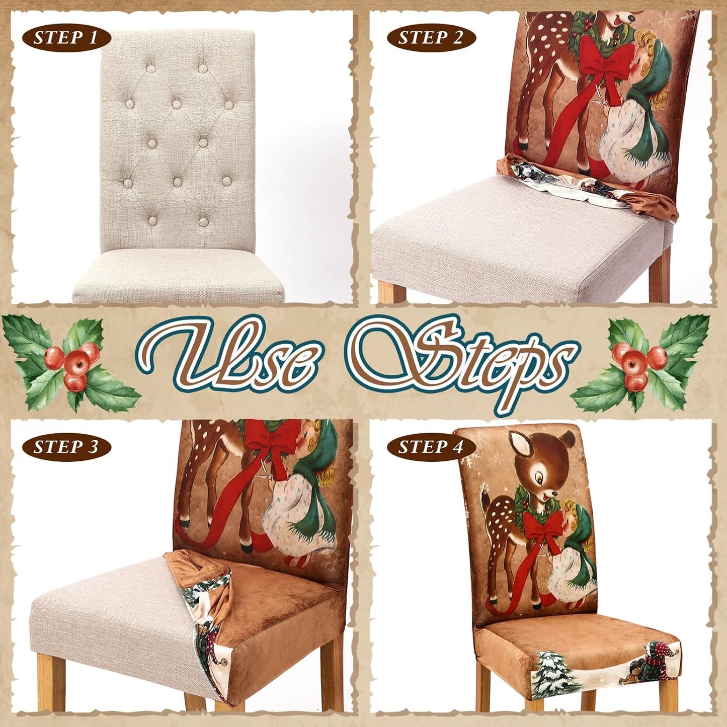 6 Pcs Christmas Dining Chair Covers Removable Washable Stretch Christmas Chair Covers with Santa Claus Elk Snowman Chair Protector Slipcovers for Xmas Kitchen Holiday Party Home Decor