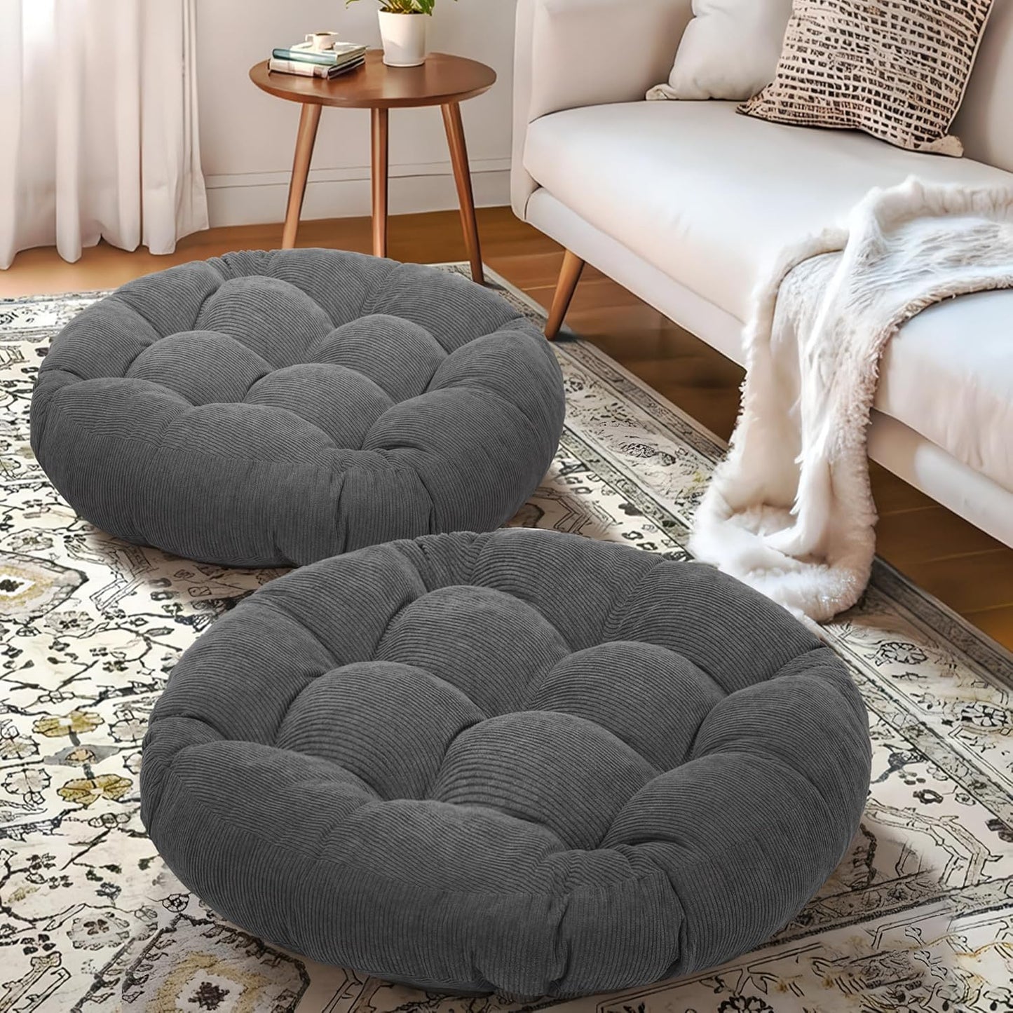 Floor Pillow Cushions for Adults Sitting Large Big Pillows for Floor Seating Square Memory Foam Thick Tufted, 22 x 22 Inch, Set of 2, Dark Grey