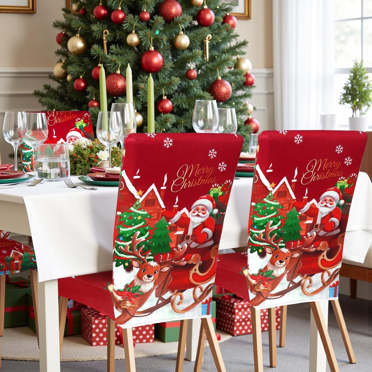 Weldomcor Christmas Chair Covers Set of 6 Stretch Dining Room Chair Protector Slipcovers Santa Claus Deer Red Kitchen Seat Covers Spandex Decorations for Xmas Holiday Party Banquet Home Decor