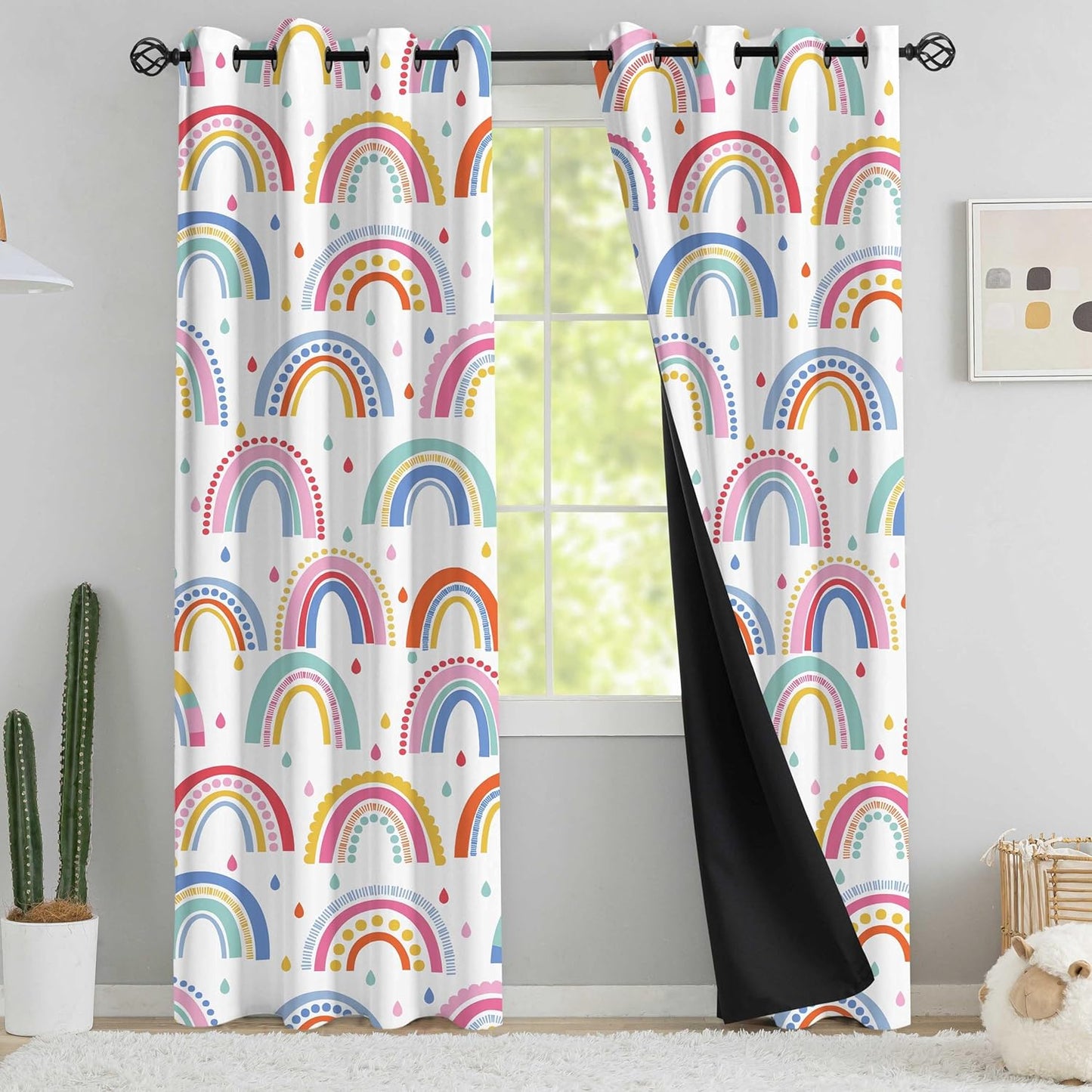 chiinvent Blackout Rainbow Curtains for Kids Cute Rainbow Room Darkening Window Curtains Decorative Cartoon Black Out Curtain for Girls Bedroom Nursery, C1, 52" x 84", 2 Panels (90% Blackout)