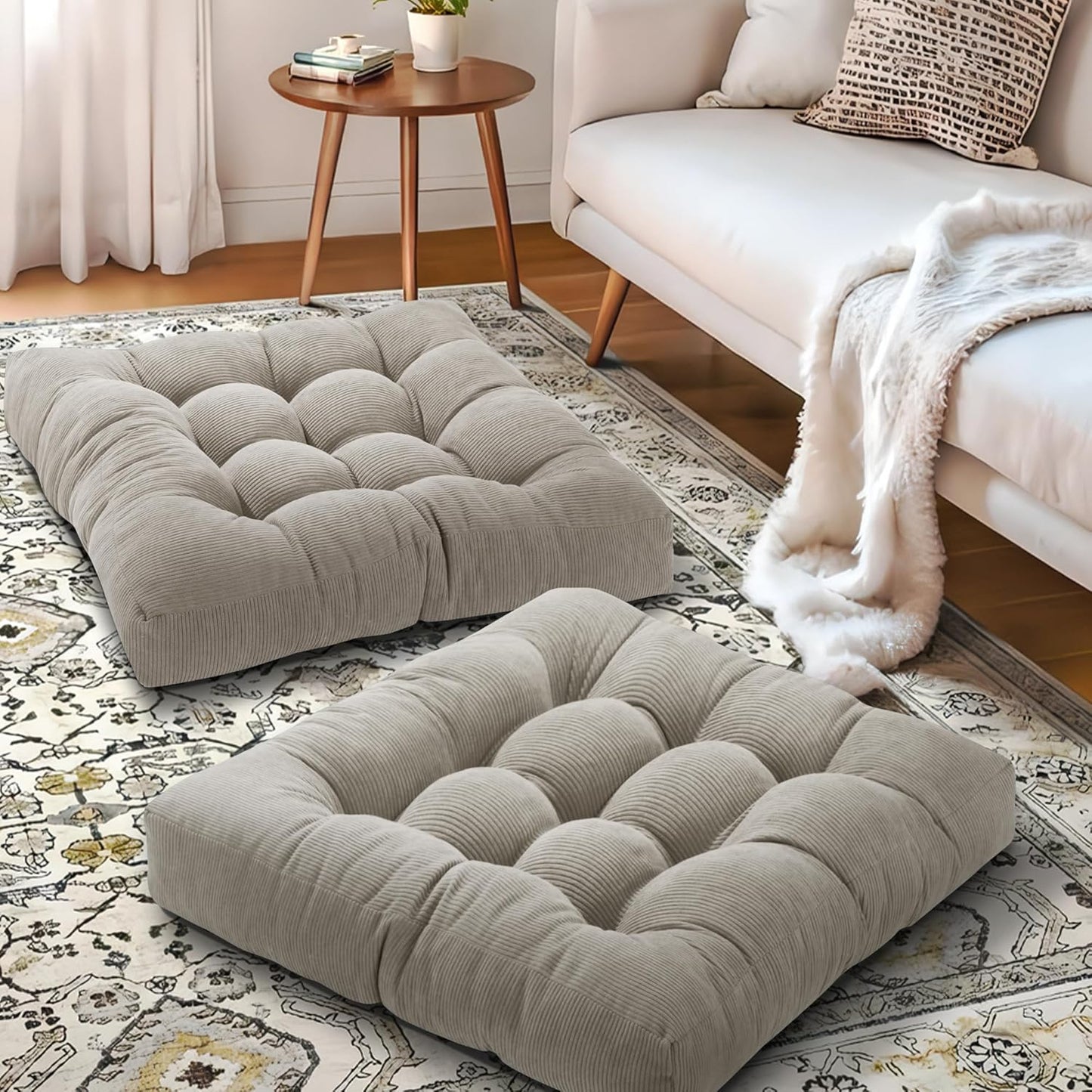 Floor Pillow Cushions for Adults Sitting Large Big Pillows for Floor Seating Square Memory Foam Thick Tufted, 22 x 22 Inch, Set of 2, Dark Grey