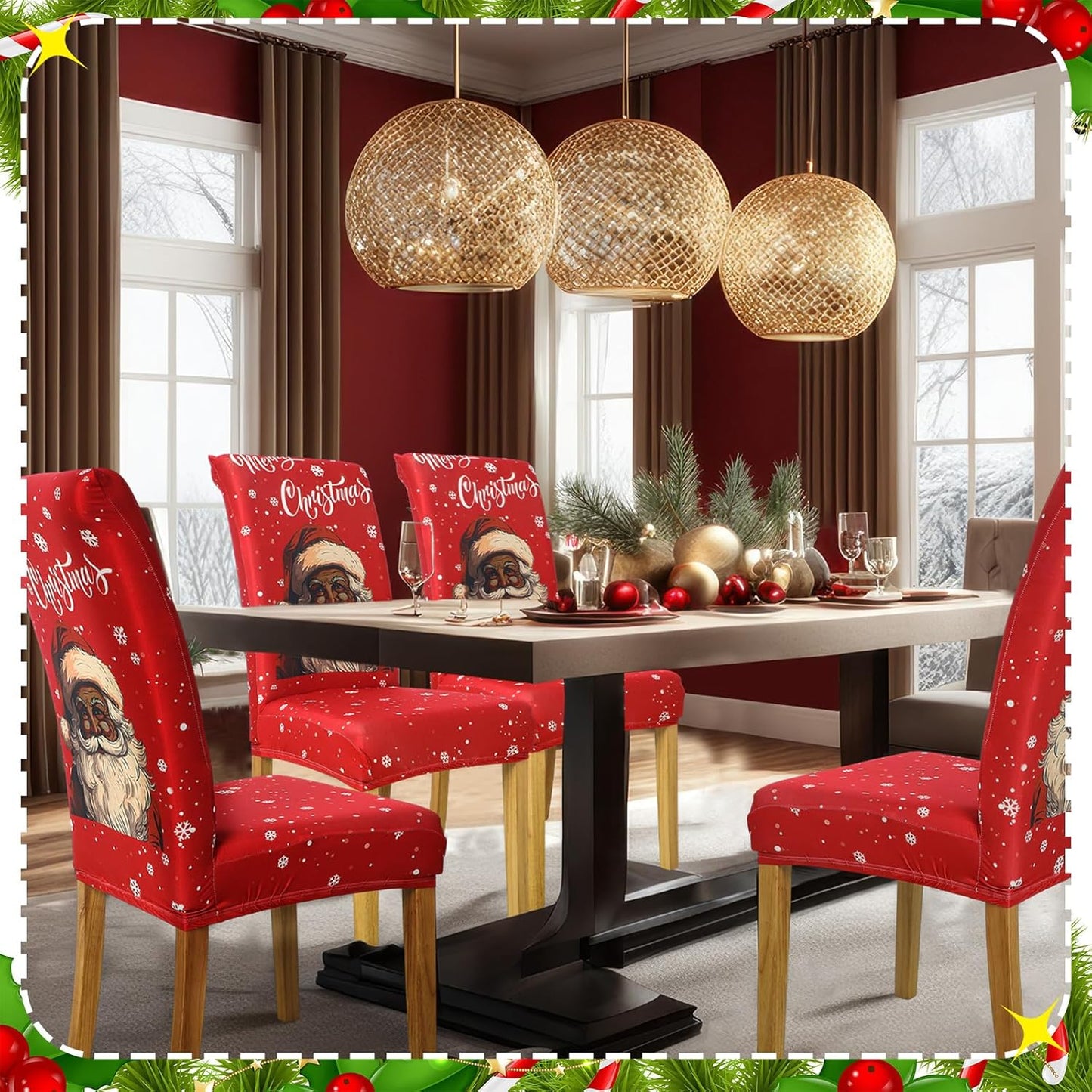 Moukeren 6 Pcs Christmas Dinning Chair Covers African American Merry Christmas Chair Slipcovers Protector Black Santa Stretch Washable Removable Cover for Kitchen Dining Room Living Room Decor