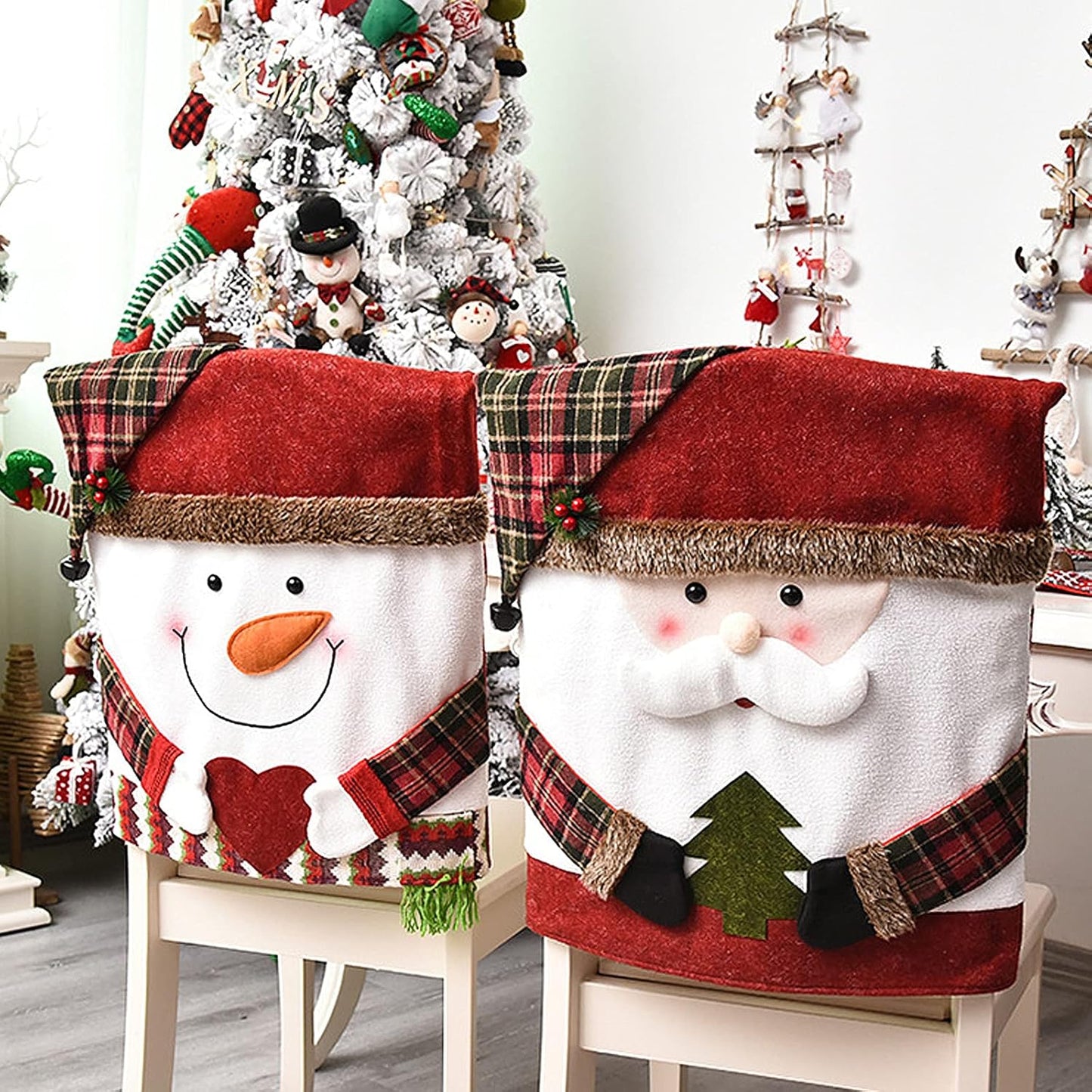 6 Pcs Christmas Chair Back Cover for Dining Room, Santa Claus Snowman Reindeer Xmas Dinner Chairs Cover, Chair Slipcover for Kitchen Hotel Holiday Party Decor