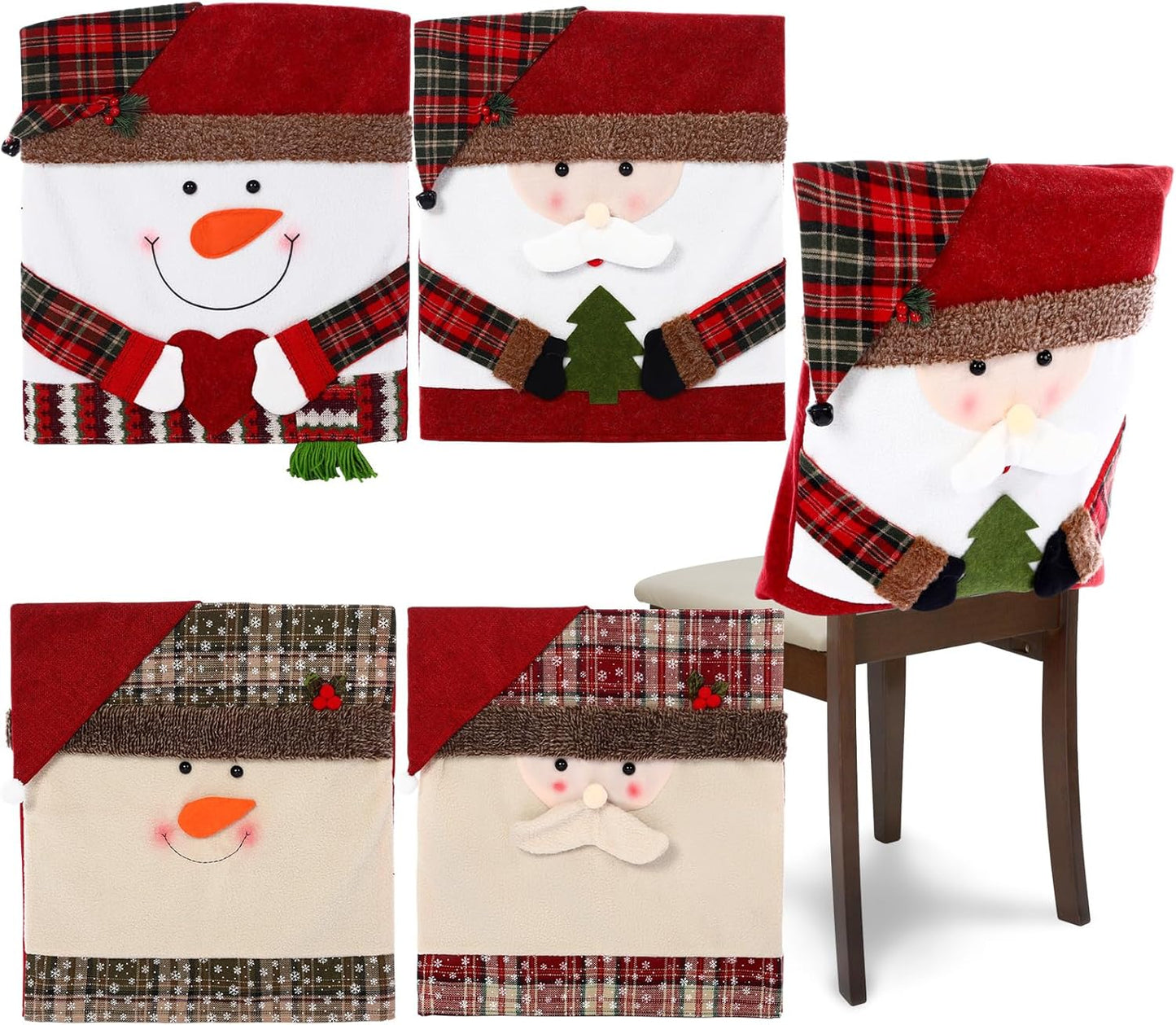 4 Pcs Christmas Chair Back Cover Santa Claus Snowman Xmas Dinner Chairs Cover Hat Covers Xmas Chair Slipcover for Dining Room Kitchen Hotel Holiday Party Decor(Classic)