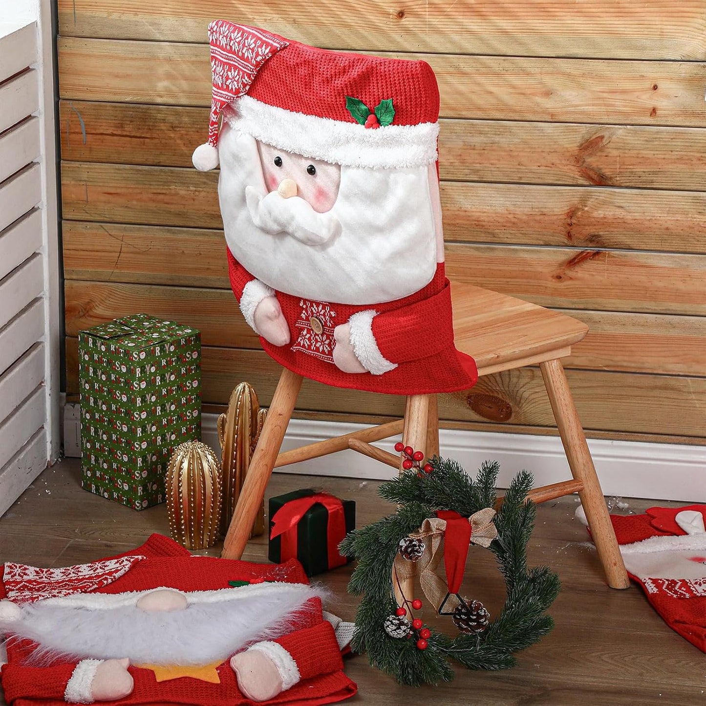 4 Pcs Christmas Chair Back Cover Santa Claus Snowman Xmas Dinner Chairs Cover Hat Covers Xmas Chair Slipcover for Dining Room Kitchen Hotel Holiday Party Decor(Classic)