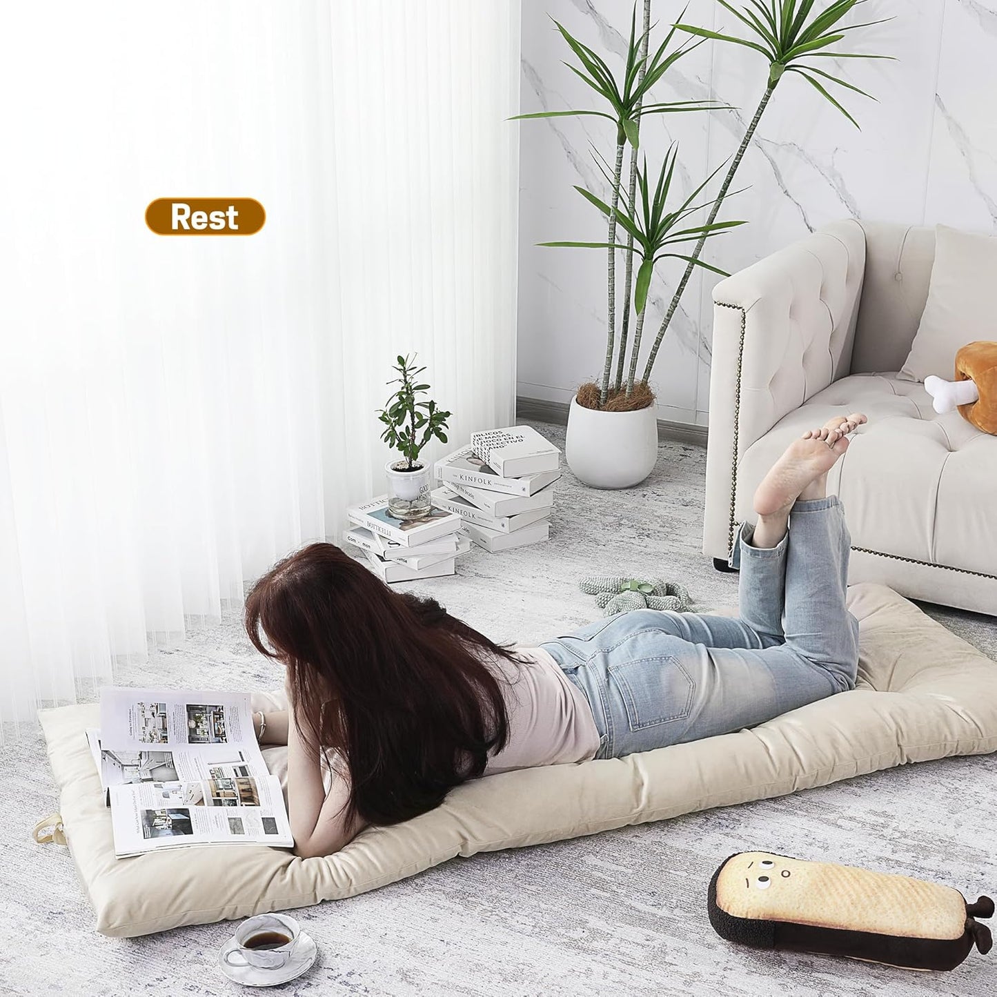 BALAPET Floor Lounger Pillow,Foldable Light Thick Tufted Floor Pillow Cushion with Elasticized Webbing for Easy Storage.Floor Lounger for Meditation,Playing,Yoga,Reading,Sleeping(Beige White)