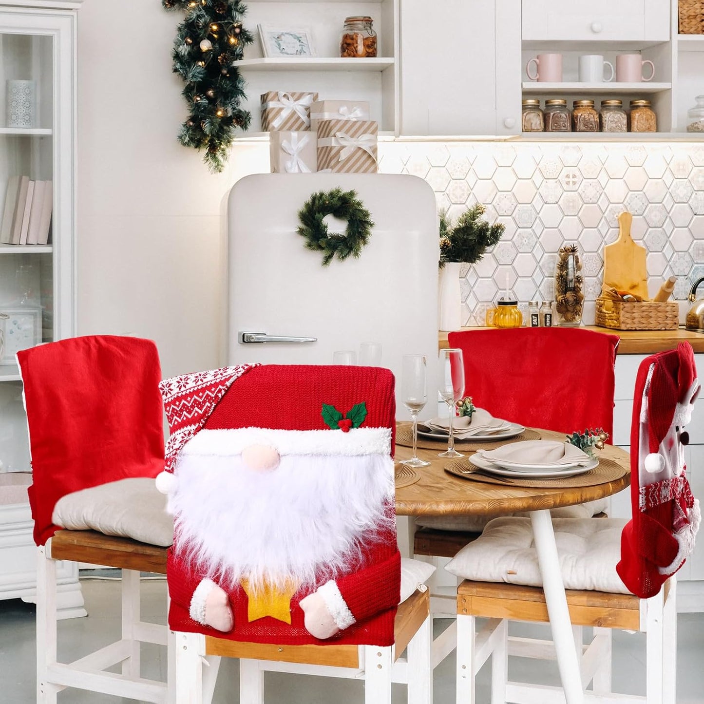 4 Pcs Christmas Chair Back Cover Santa Claus Snowman Xmas Dinner Chairs Cover Hat Covers Xmas Chair Slipcover for Dining Room Kitchen Hotel Holiday Party Decor(Classic)