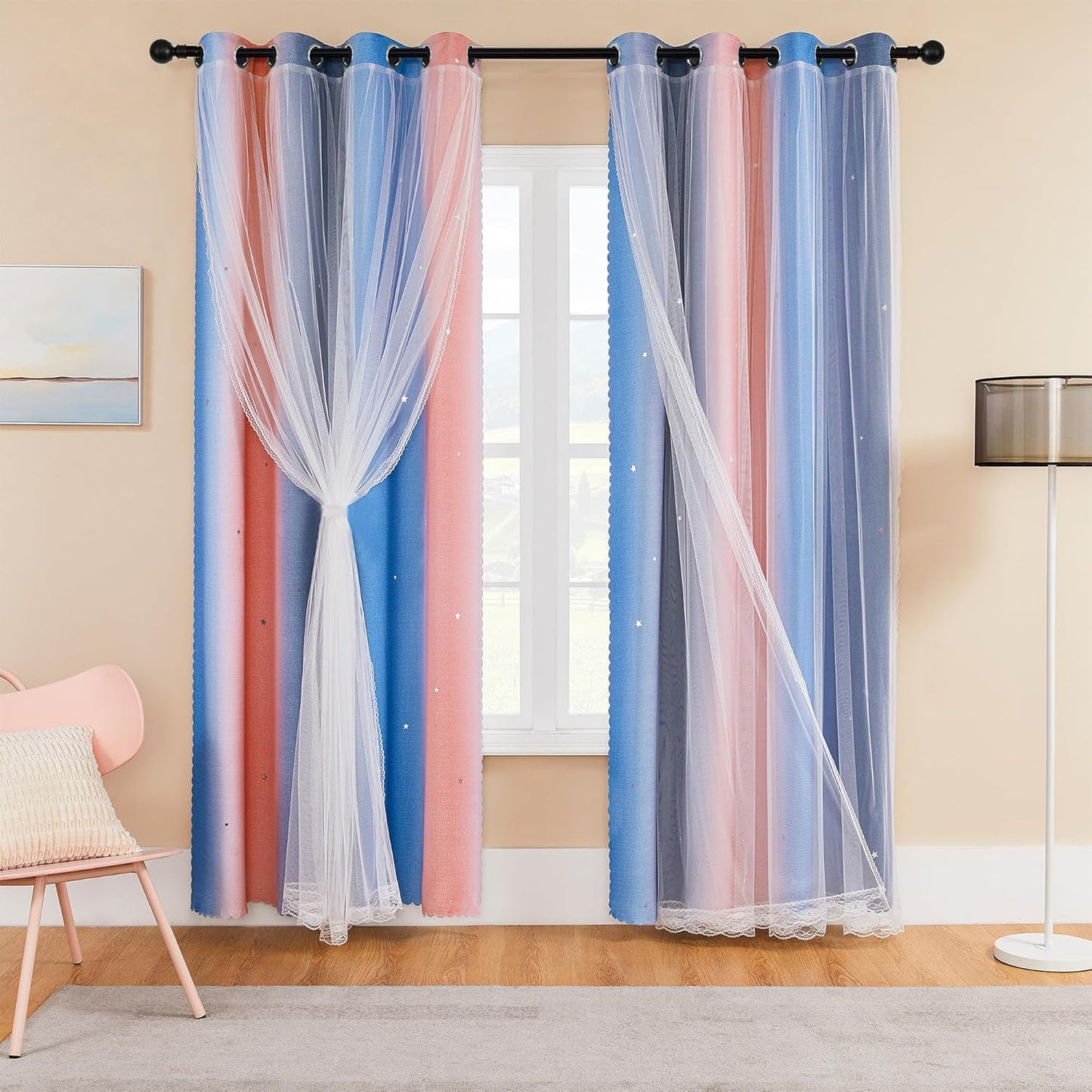 XiDi Pink and Purple Curtains 84 Inches Long for Girls Bedroom 2 Panels Blackout Rainbow Nursery Curtains for Kids Room Unicorn Princess Theme Home Decor Living Room Pink/Purple W52 X L84