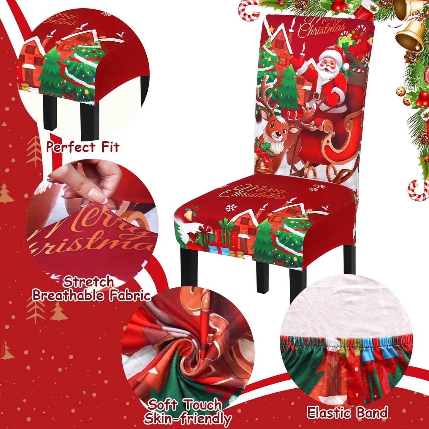 Weldomcor Christmas Chair Covers Set of 6 Stretch Dining Room Chair Protector Slipcovers Santa Claus Deer Red Kitchen Seat Covers Spandex Decorations for Xmas Holiday Party Banquet Home Decor