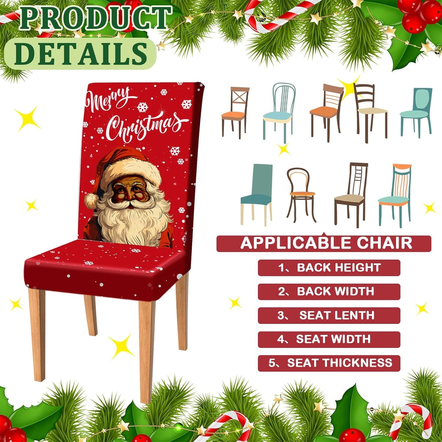 Moukeren 6 Pcs Christmas Dinning Chair Covers African American Merry Christmas Chair Slipcovers Protector Black Santa Stretch Washable Removable Cover for Kitchen Dining Room Living Room Decor