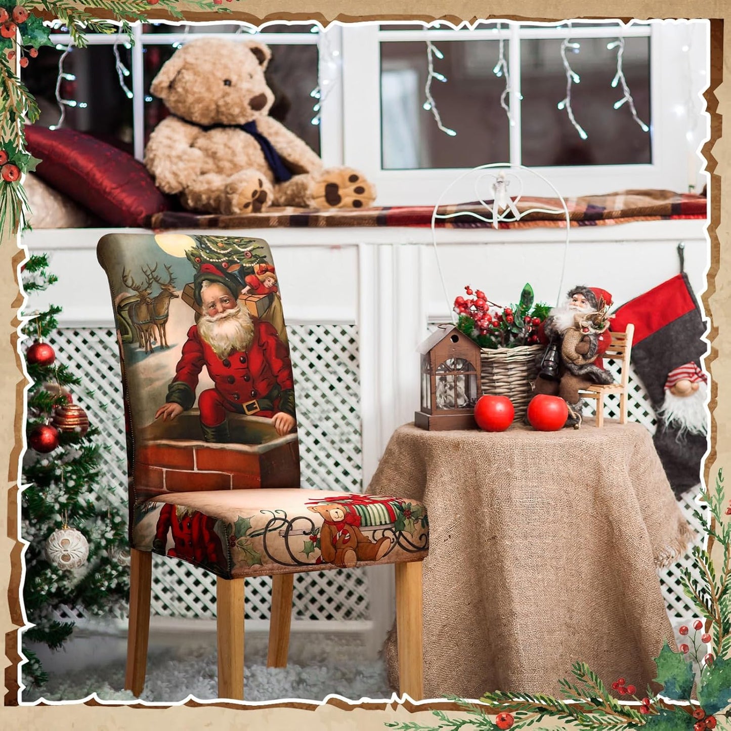 6 Pcs Christmas Dining Chair Covers Removable Washable Stretch Christmas Chair Covers with Santa Claus Elk Snowman Chair Protector Slipcovers for Xmas Kitchen Holiday Party Home Decor