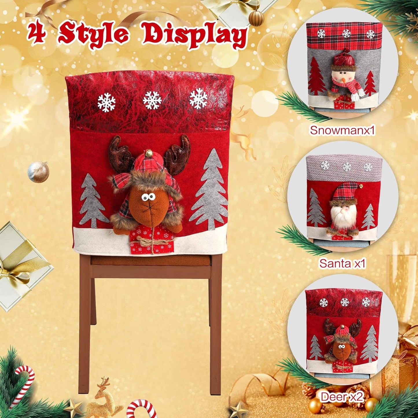 Christmas Chair Back Covers Dining Table Chair Slipcovers Christmas Plush Stuffed Santa Claus Snowman Reindeer Chair Covers Set for Holiday Decor, Christmas Party Banquet Home Decoration (Cute, 4 Pcs)
