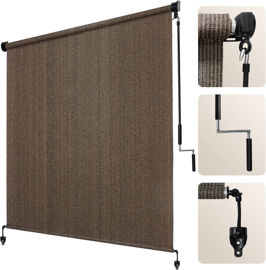 Artpuch Outdoor Roller Shade 8' W x 8' H, Mocha Exterior Cordless Patio Shades Roll Up Blinds with Spliced Pole Design, (2 Poles, One-Piece Fabric)