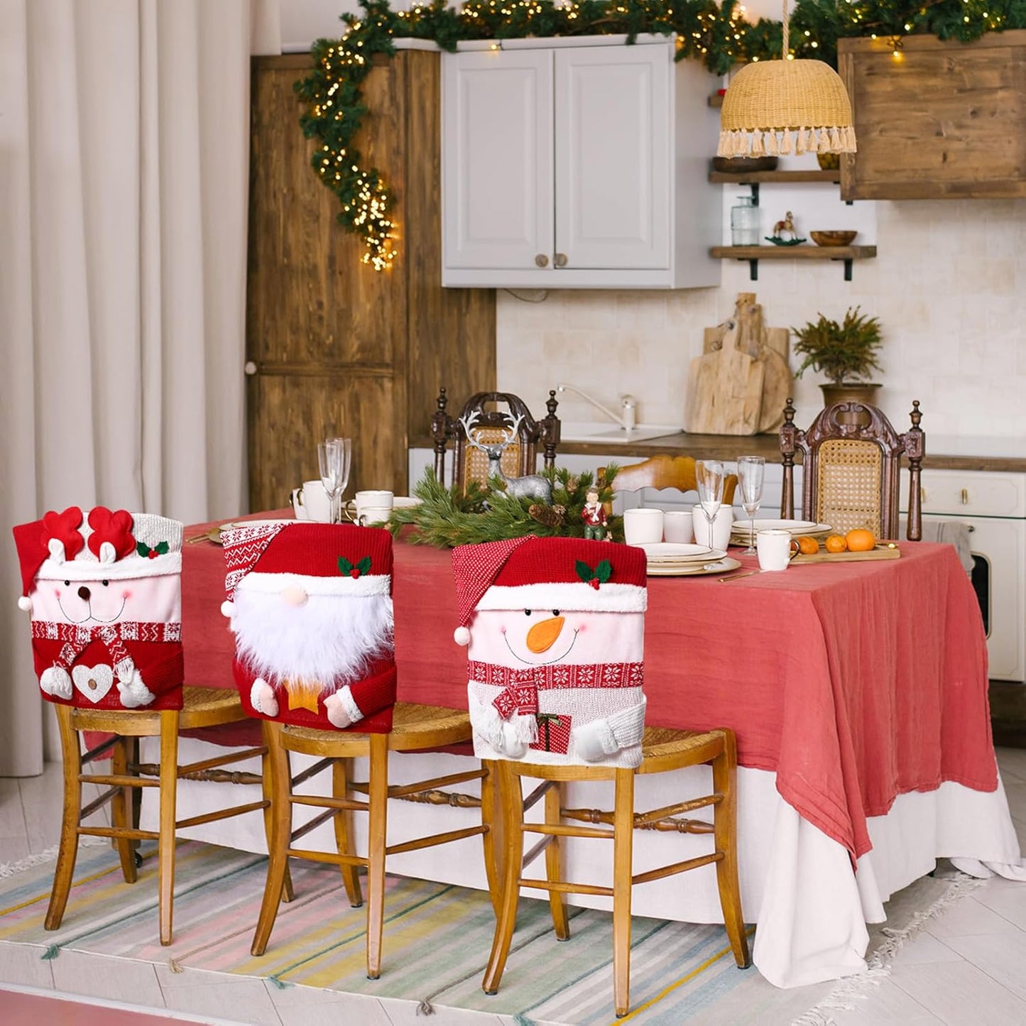4 Pcs Christmas Chair Back Cover Santa Claus Snowman Xmas Dinner Chairs Cover Hat Covers Xmas Chair Slipcover for Dining Room Kitchen Hotel Holiday Party Decor(Classic)