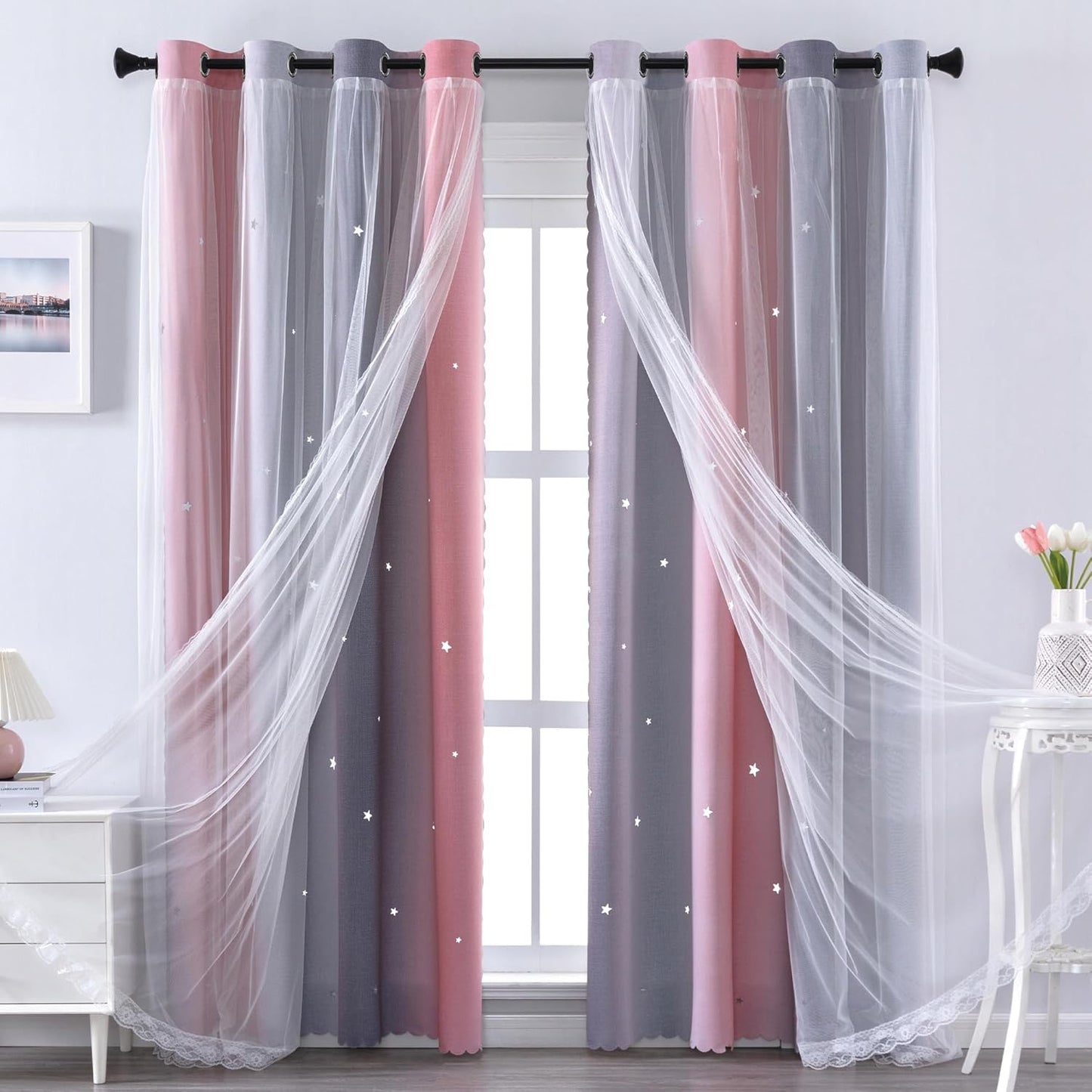 XiDi Pink and Purple Curtains 84 Inches Long for Girls Bedroom 2 Panels Blackout Rainbow Nursery Curtains for Kids Room Unicorn Princess Theme Home Decor Living Room Pink/Purple W52 X L84