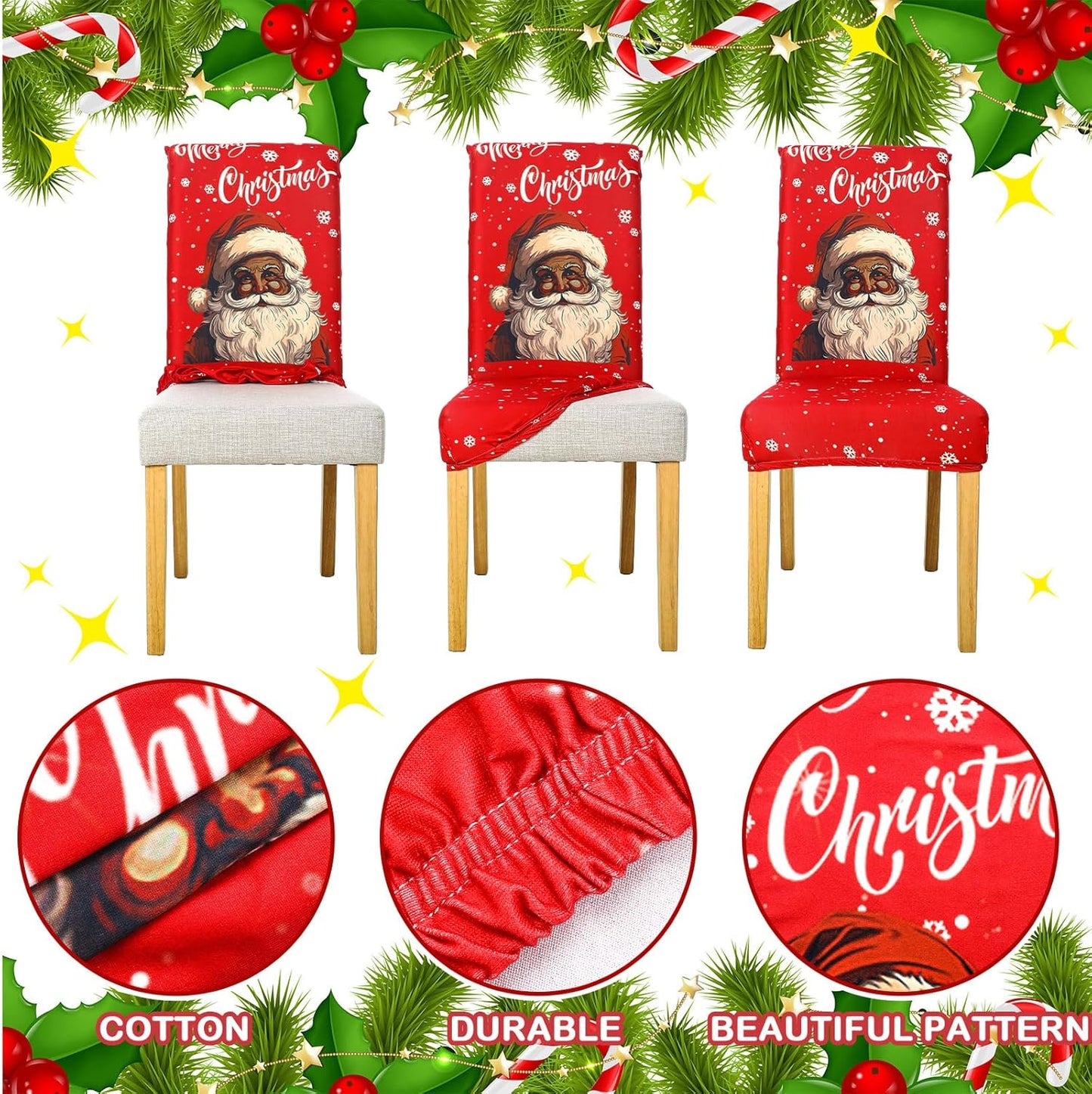 Moukeren 6 Pcs Christmas Dinning Chair Covers African American Merry Christmas Chair Slipcovers Protector Black Santa Stretch Washable Removable Cover for Kitchen Dining Room Living Room Decor