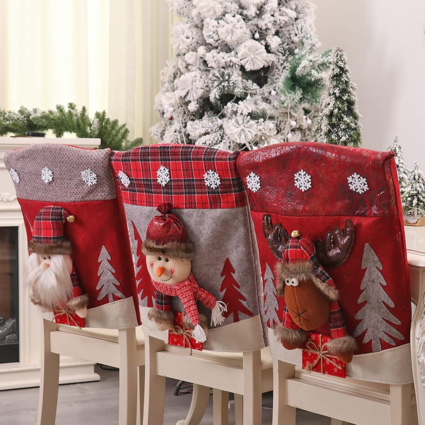 Asodomo Christmas Chair Back Cover Set of 6 Santa Claus Snowman Elk Chair Covers Dining Chair Slipcovers for Kitchen Holiday Festival Party Home Decor