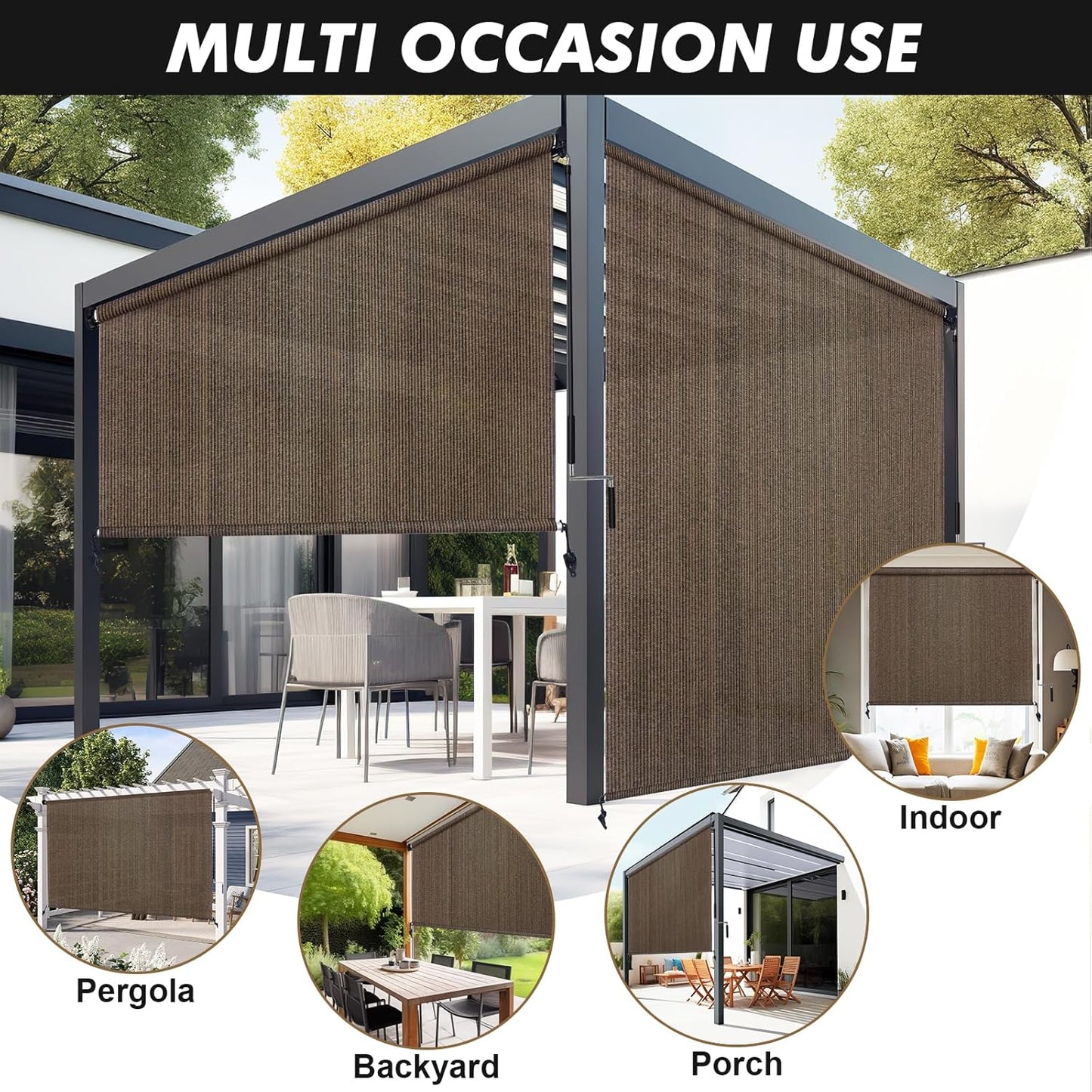 Artpuch Outdoor Roller Shade 8' W x 8' H, Mocha Exterior Cordless Patio Shades Roll Up Blinds with Spliced Pole Design, (2 Poles, One-Piece Fabric)