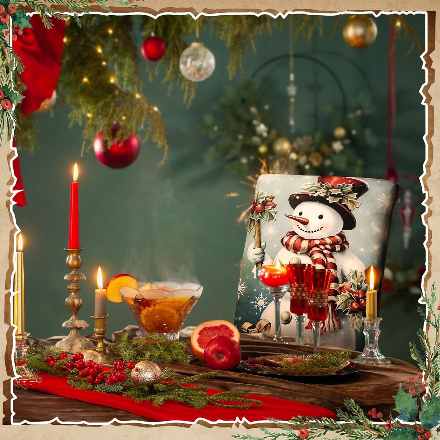 6 Pcs Christmas Dining Chair Covers Removable Washable Stretch Christmas Chair Covers with Santa Claus Elk Snowman Chair Protector Slipcovers for Xmas Kitchen Holiday Party Home Decor
