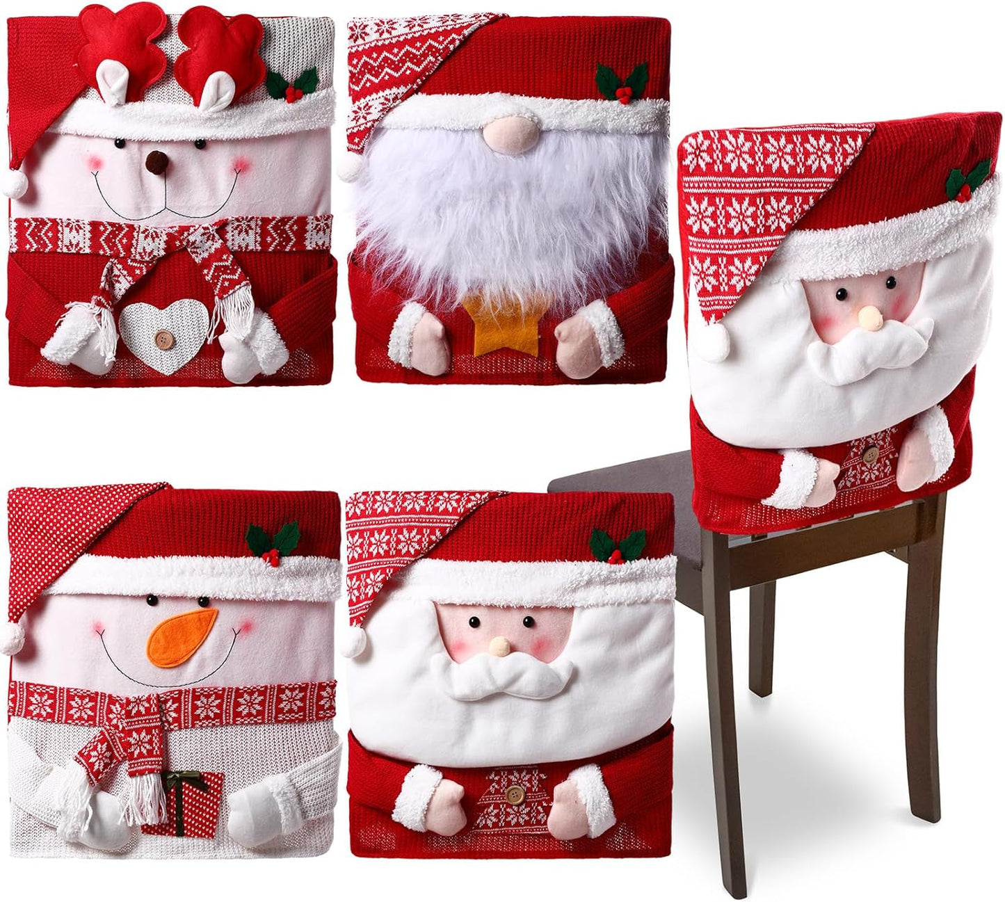4 Pcs Christmas Chair Back Cover Santa Claus Snowman Xmas Dinner Chairs Cover Hat Covers Xmas Chair Slipcover for Dining Room Kitchen Hotel Holiday Party Decor(Classic)