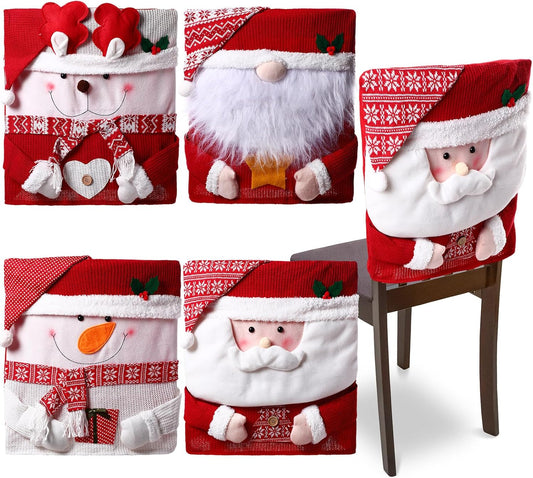 4 Pcs Christmas Chair Back Cover Santa Claus Snowman Xmas Dinner Chairs Cover Hat Covers Xmas Chair Slipcover for Dining Room Kitchen Hotel Holiday Party Decor(Classic)