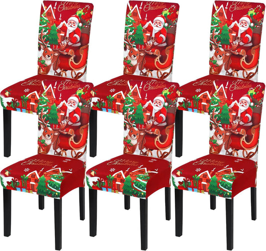 Weldomcor Christmas Chair Covers Set of 6 Stretch Dining Room Chair Protector Slipcovers Santa Claus Deer Red Kitchen Seat Covers Spandex Decorations for Xmas Holiday Party Banquet Home Decor