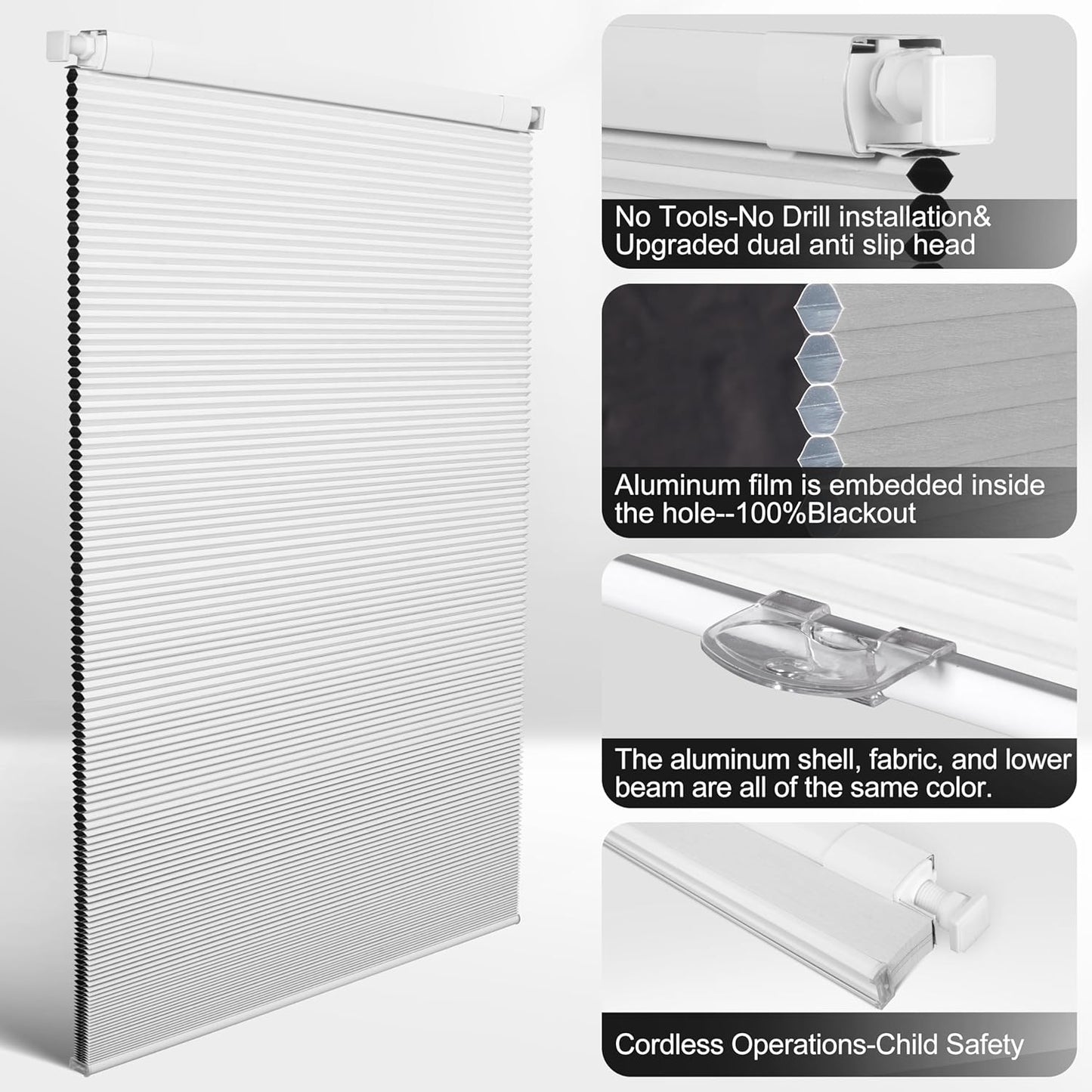 No Drill No Tools Blackout Cellular Shades Easy to Install for Indoor Windows Cordless Honeycomb Blinds Thermal Insulated Noise Reduction,White,Custom Size