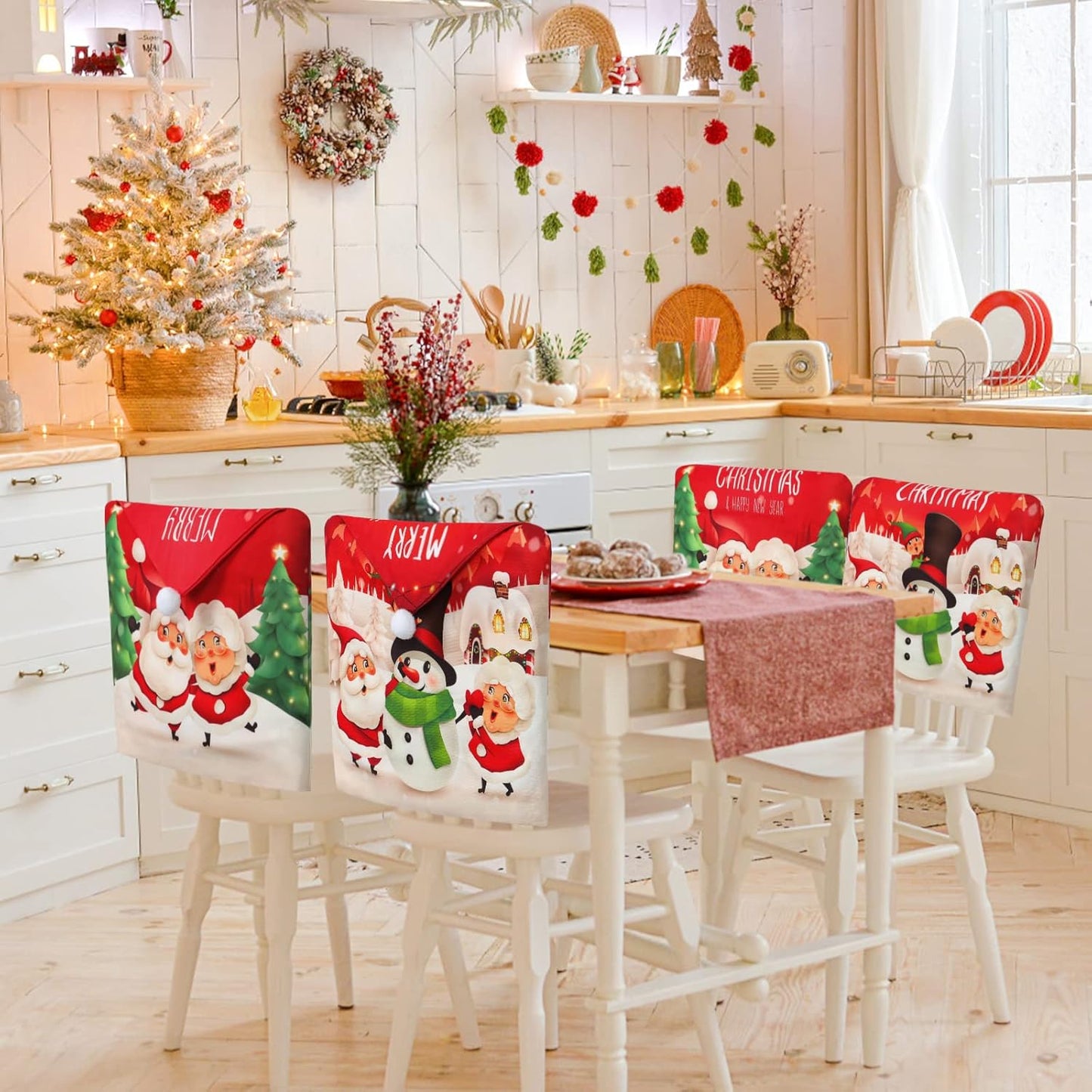 Christmas Chair Covers Set of 4 Merry Christmas Dining Room Chair Back Covers Santa Claus Snowman Xmas Chair Protector Slipcovers for Christmas Holiday Home Kitchen Decor