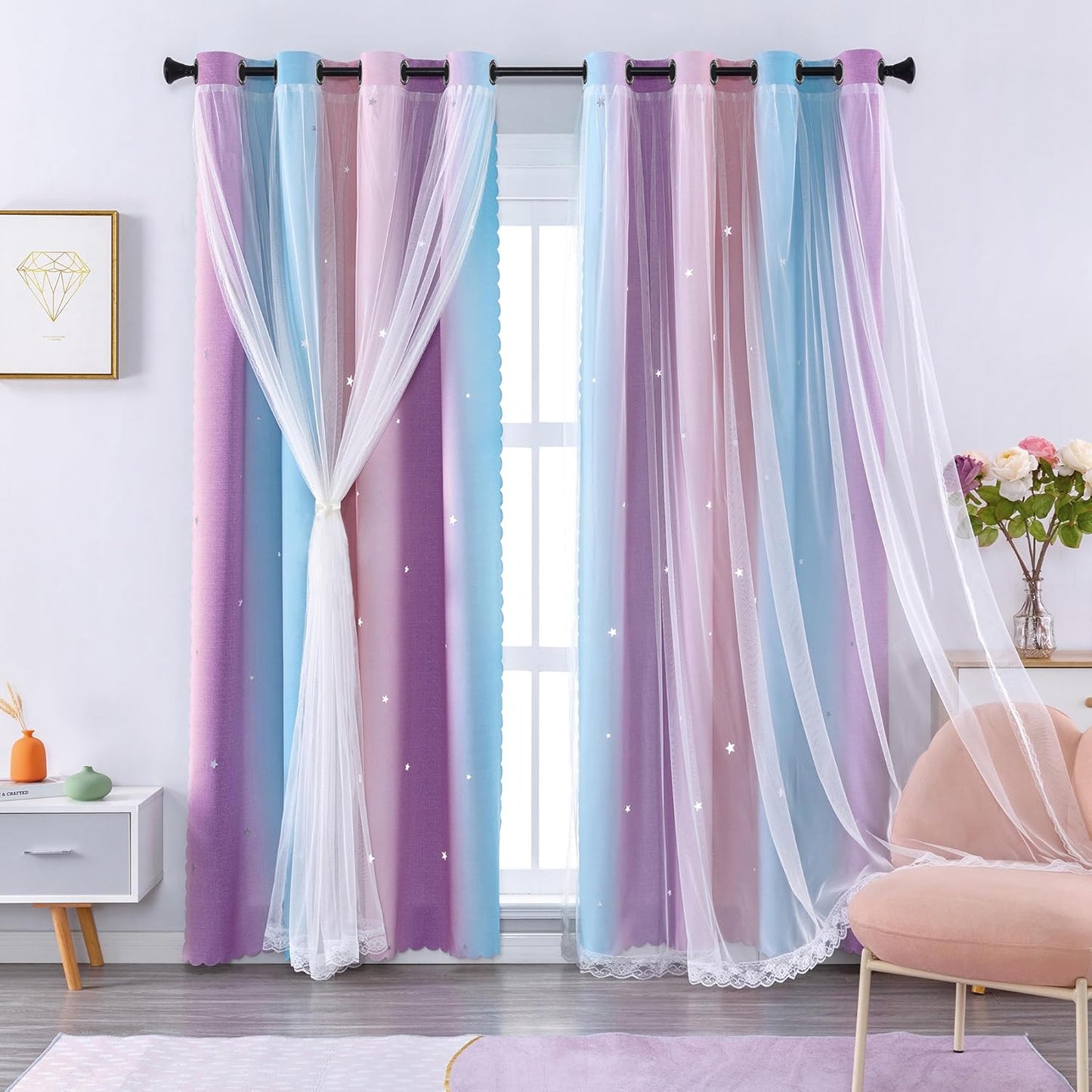 XiDi Pink and Purple Curtains 84 Inches Long for Girls Bedroom 2 Panels Blackout Rainbow Nursery Curtains for Kids Room Unicorn Princess Theme Home Decor Living Room Pink/Purple W52 X L84